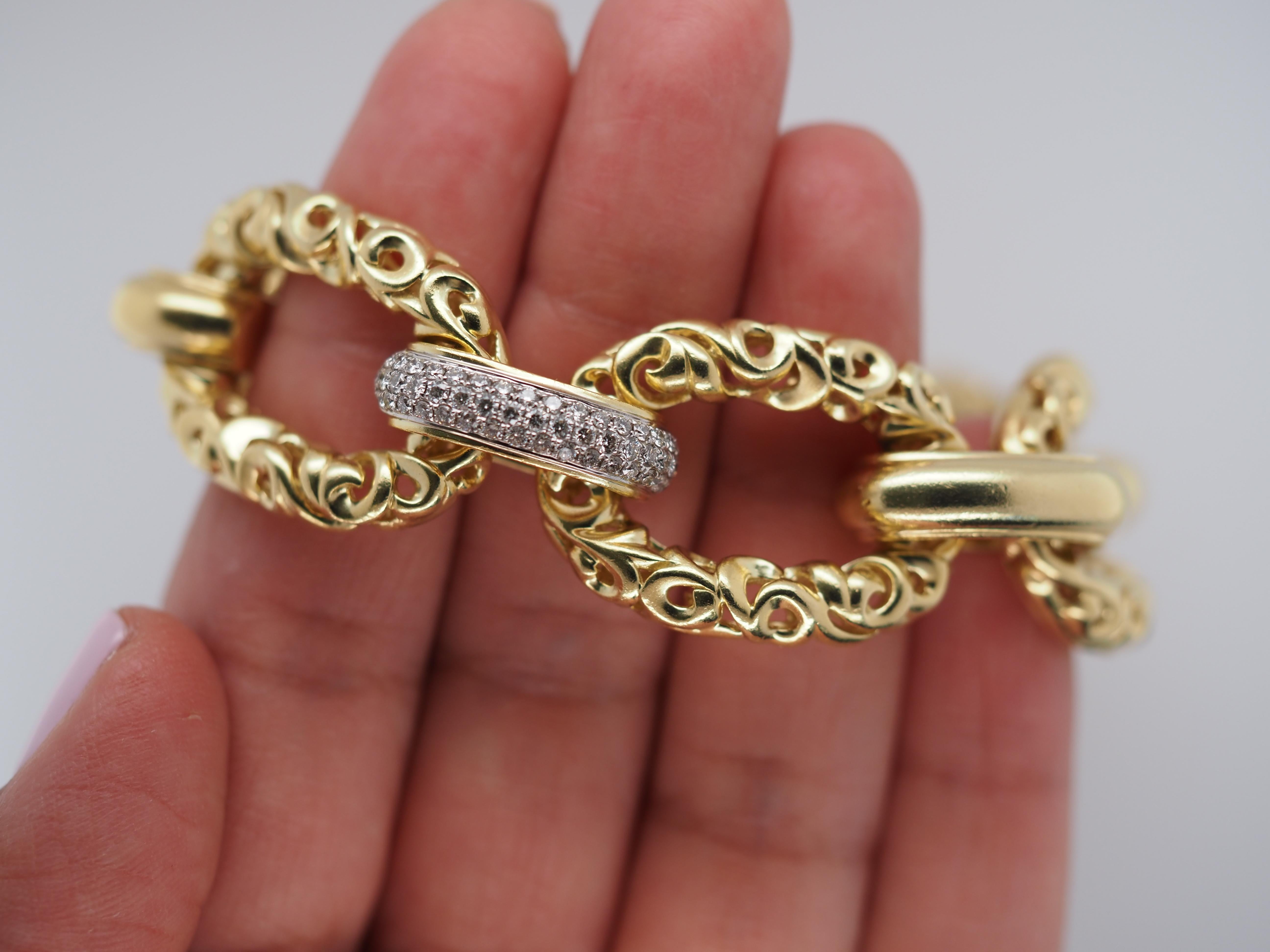 Round Cut Charles Krypell Heavy 18k Yellow Gold and Diamond Link Bracelet