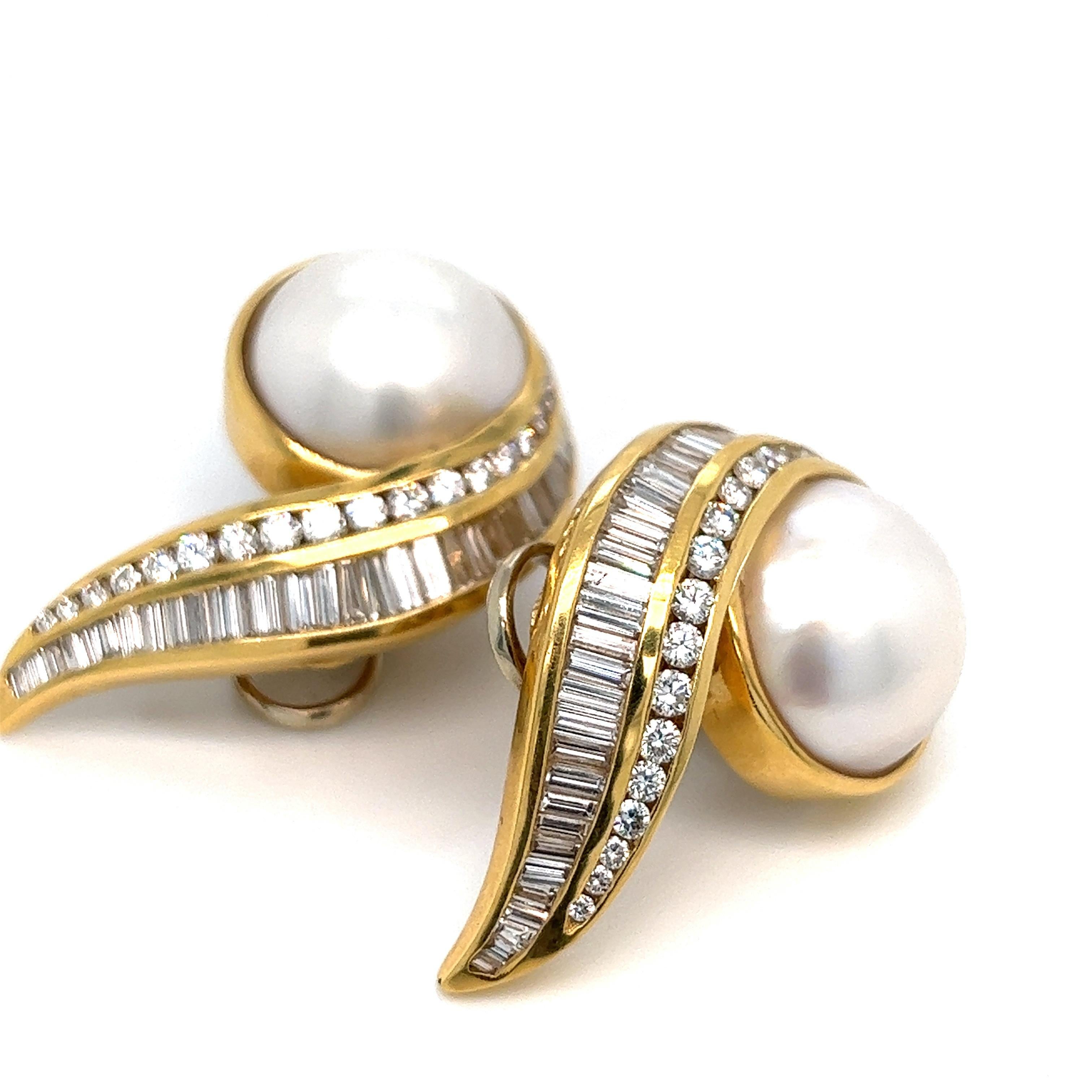 Baguette Cut Charles Krypell Mabé Pearls Diamond Gold Ear Clips For Sale
