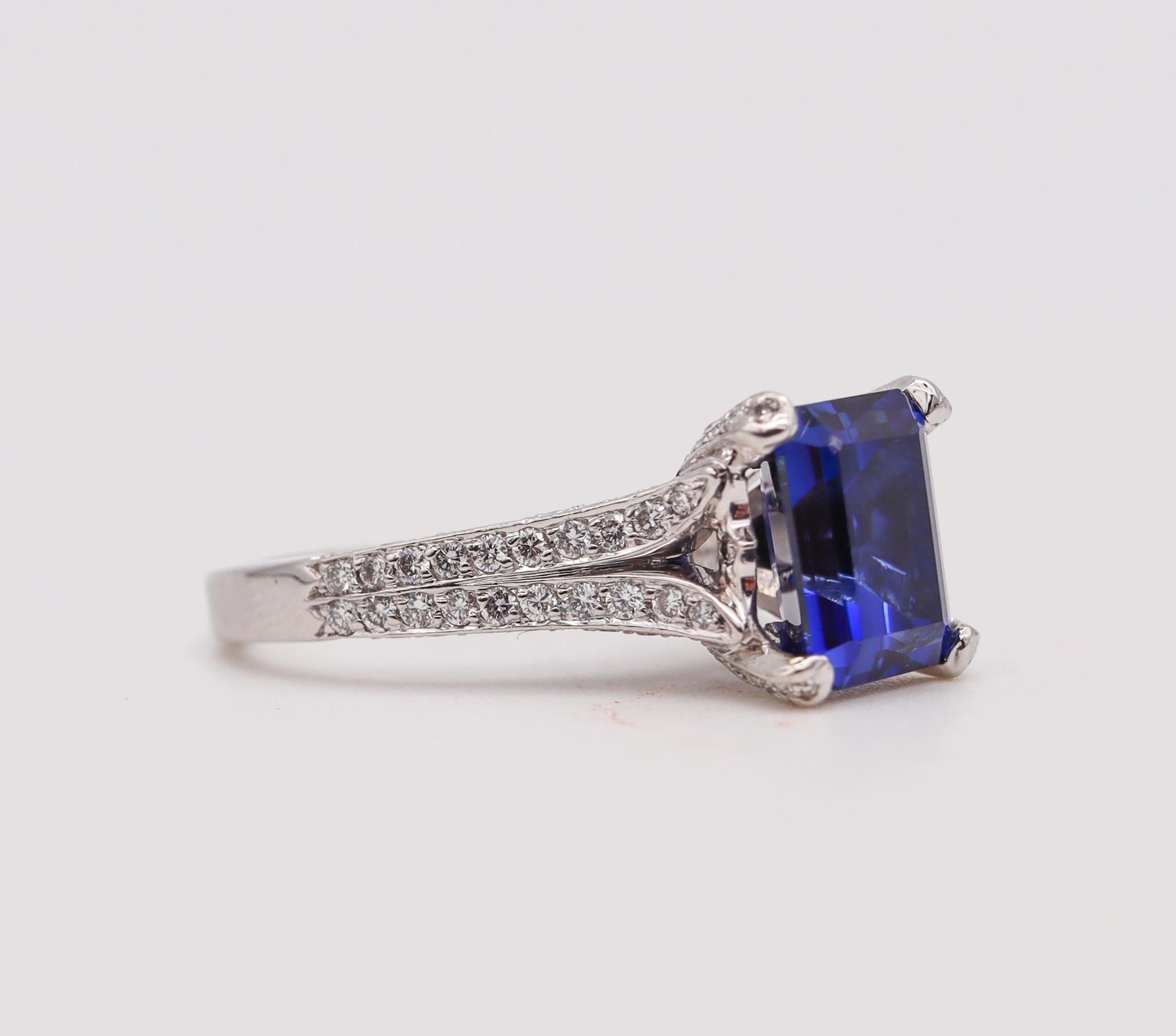 Emerald Cut Charles Krypell Modern Ring in Platinum with 4.91 Ctw in Diamonds and Tanzanite For Sale