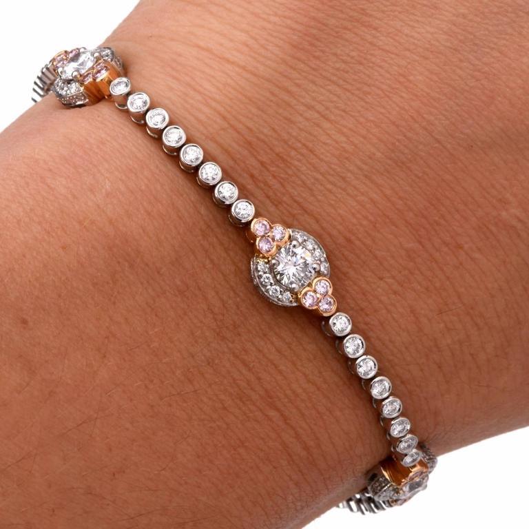 This High quality diamond bracelet of unsurpassed refinement and delicate aesthetic is crafted in solid platinum with 18K pink gold. This bracelet incorporates 45 flexible links, set with round faceted collet diamonds, complemented by 5