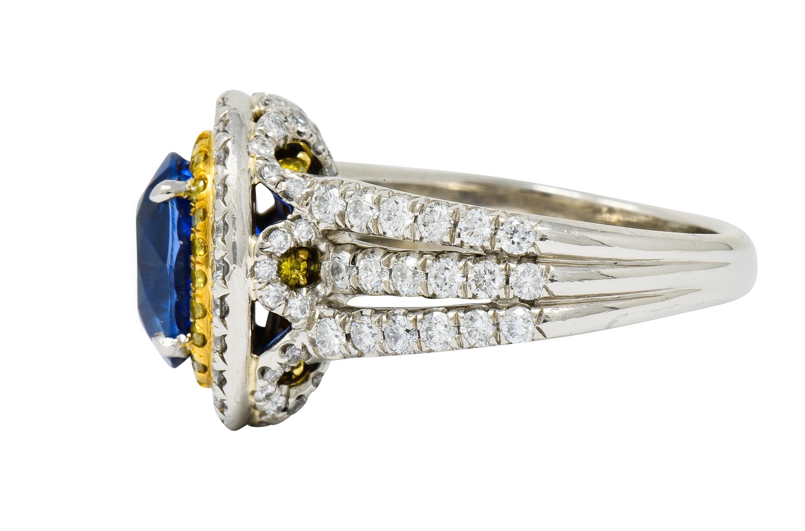 Oval Cut Charles Krypell No Heat Ceylon Sapphire White Fancy Yellow Diamond Platinum Ring