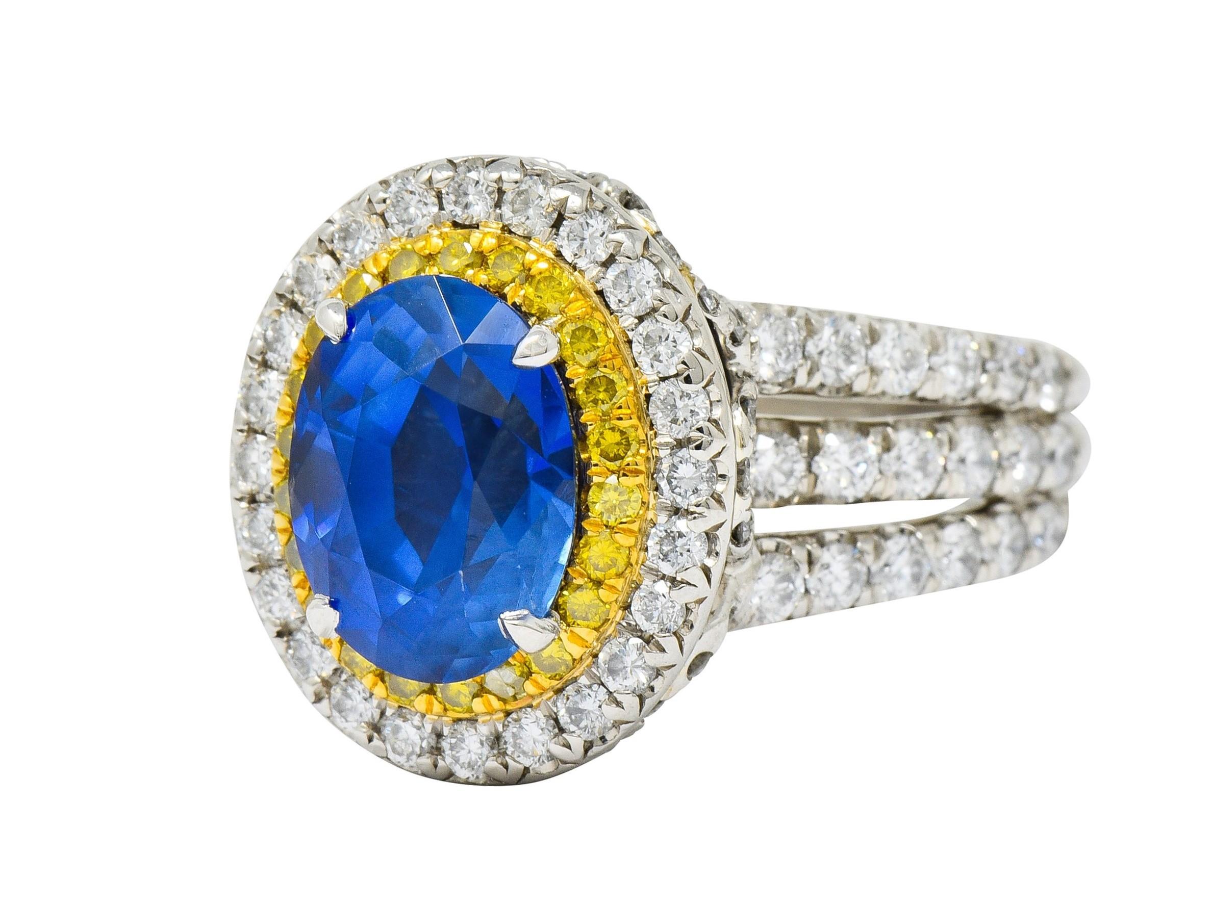 Charles Krypell No Heat Ceylon Sapphire White Fancy Yellow Diamond Platinum Ring In Excellent Condition In Philadelphia, PA