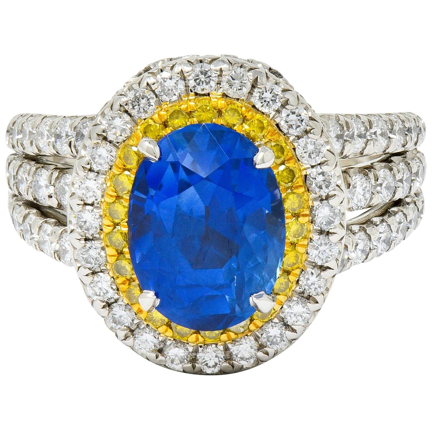 Charles Krypell No Heat Ceylon Sapphire White Fancy Yellow Diamond Platinum Ring
