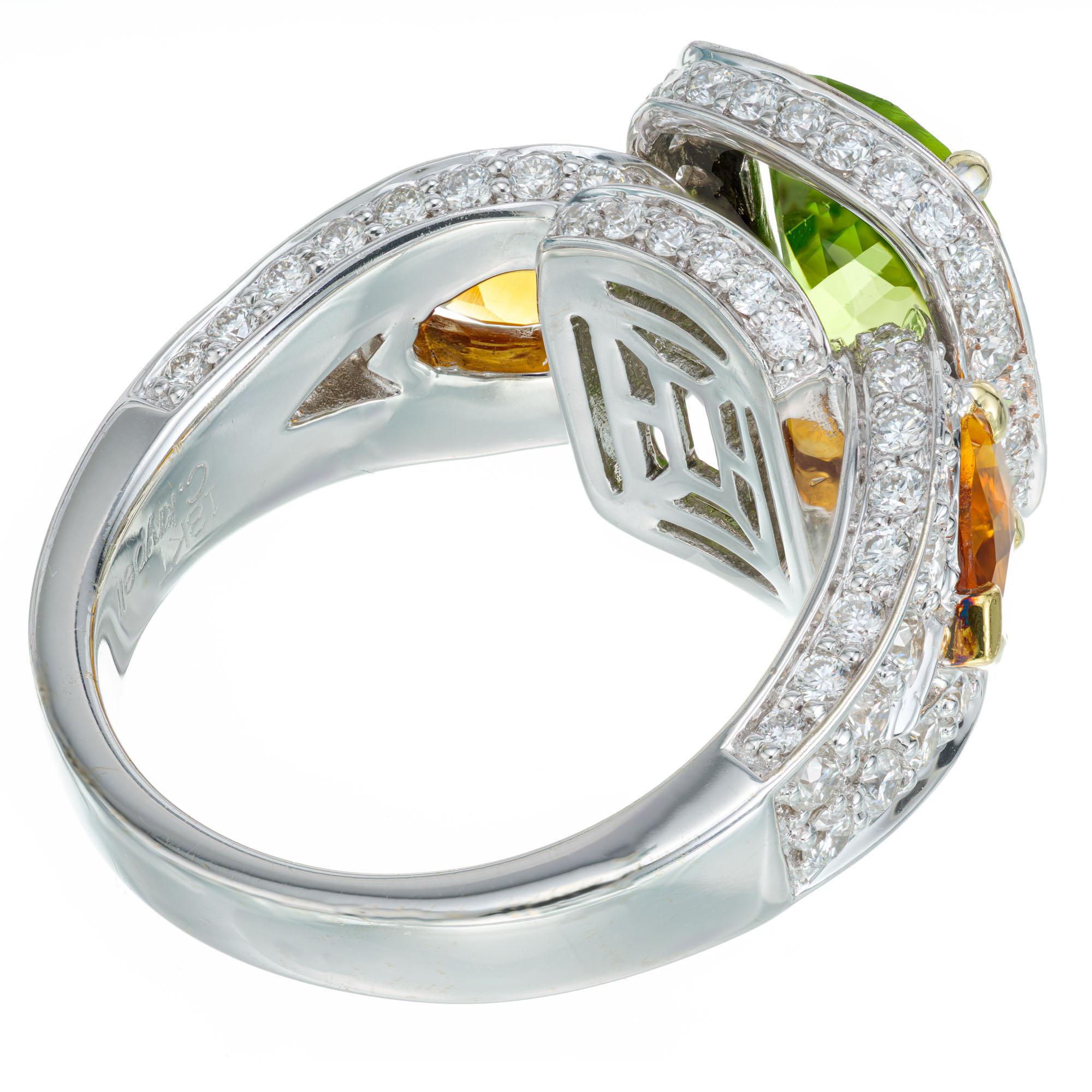 Cushion Cut Charles Krypell Peridot Citrine Diamond Gold Cocktail Ring For Sale