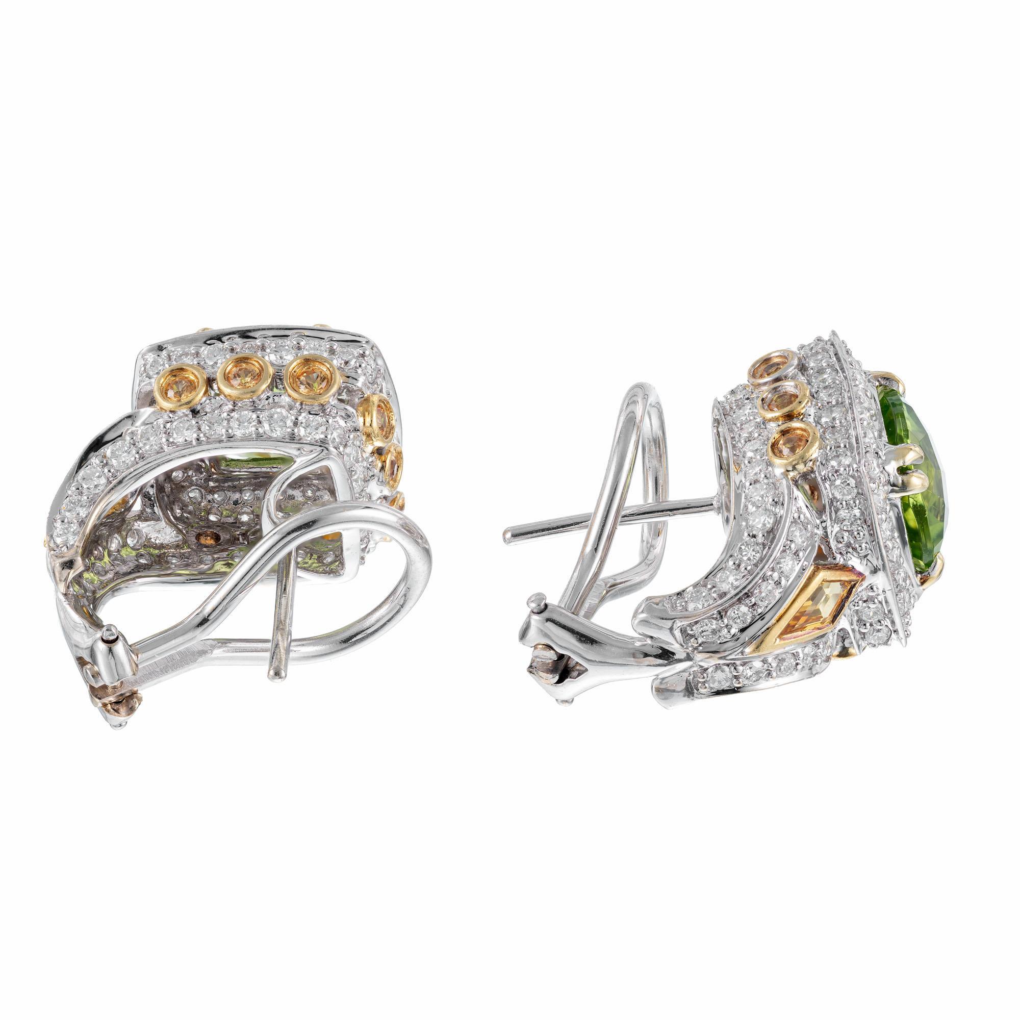 Cushion Cut Charles Krypell Peridot Yellow Sapphire Diamond Gold Earrings For Sale