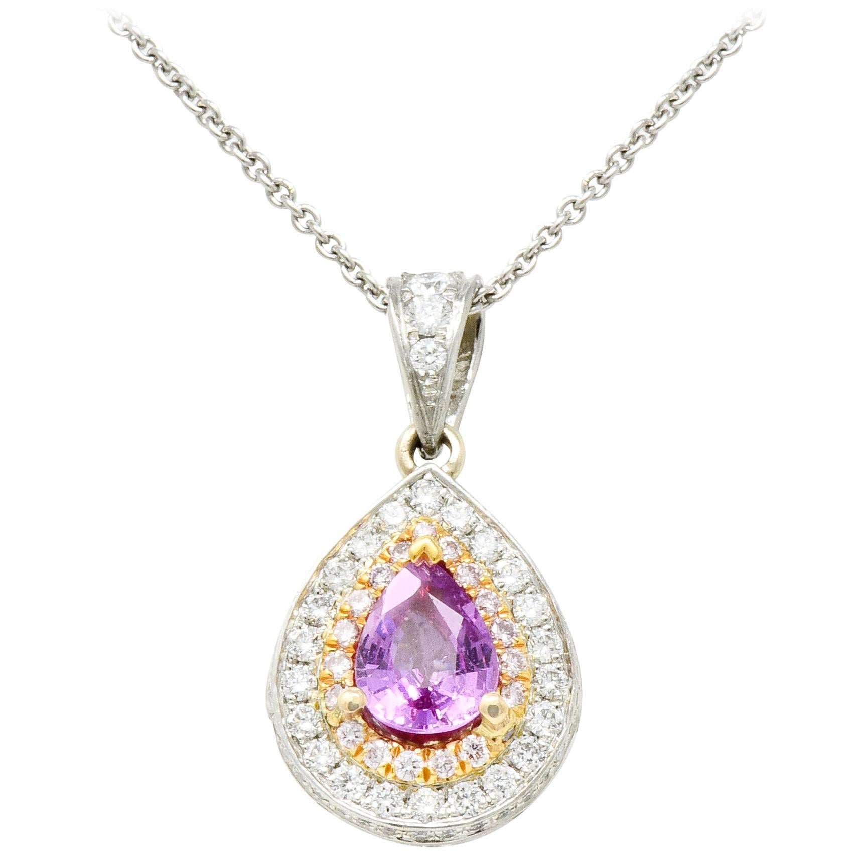 Charles Krypell Pink Sapphire Pink and White Diamond 18 Karat Gold Pear Pendant