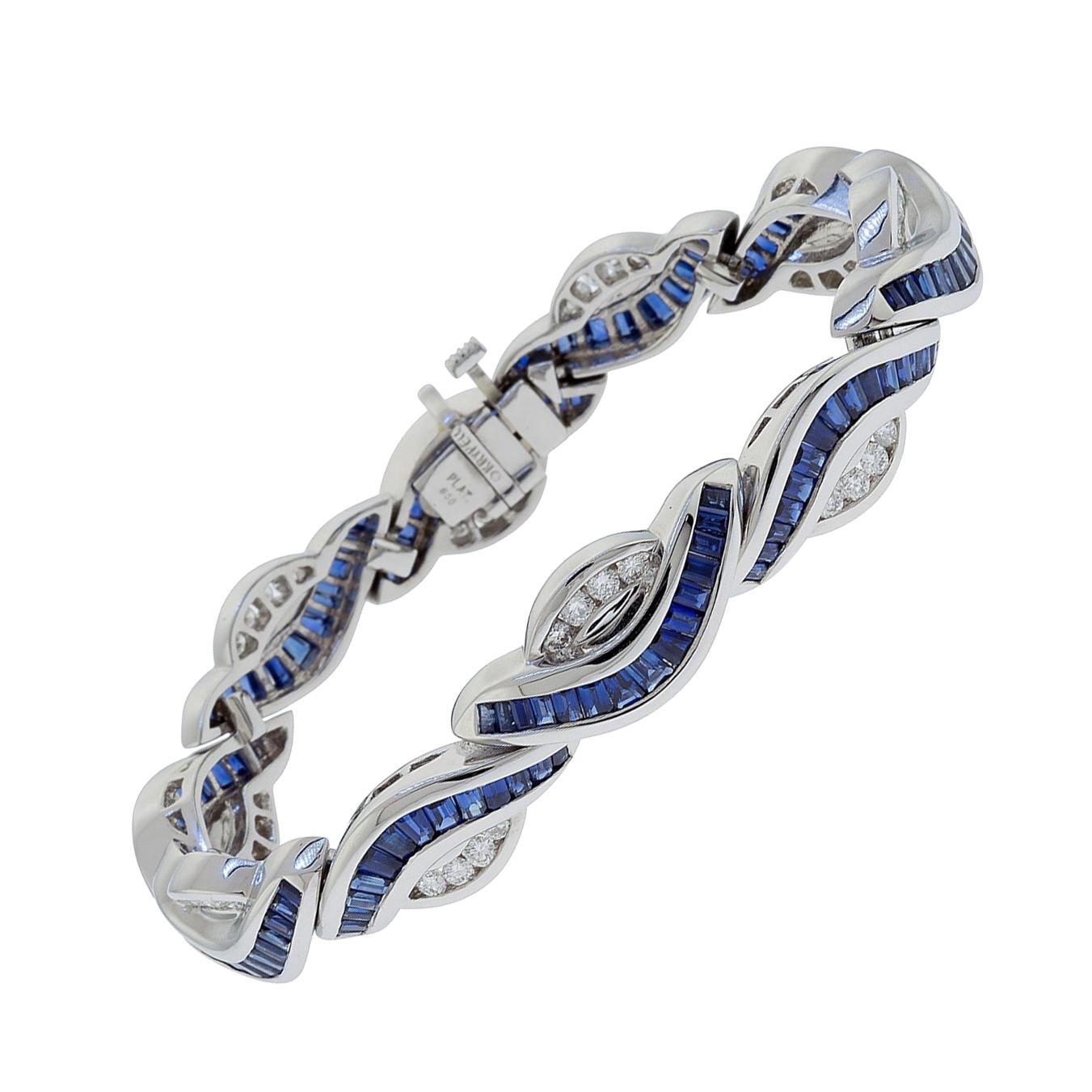 Charles Krypell Platinum Baguette Sapphire and Diamond Bracelet For Sale