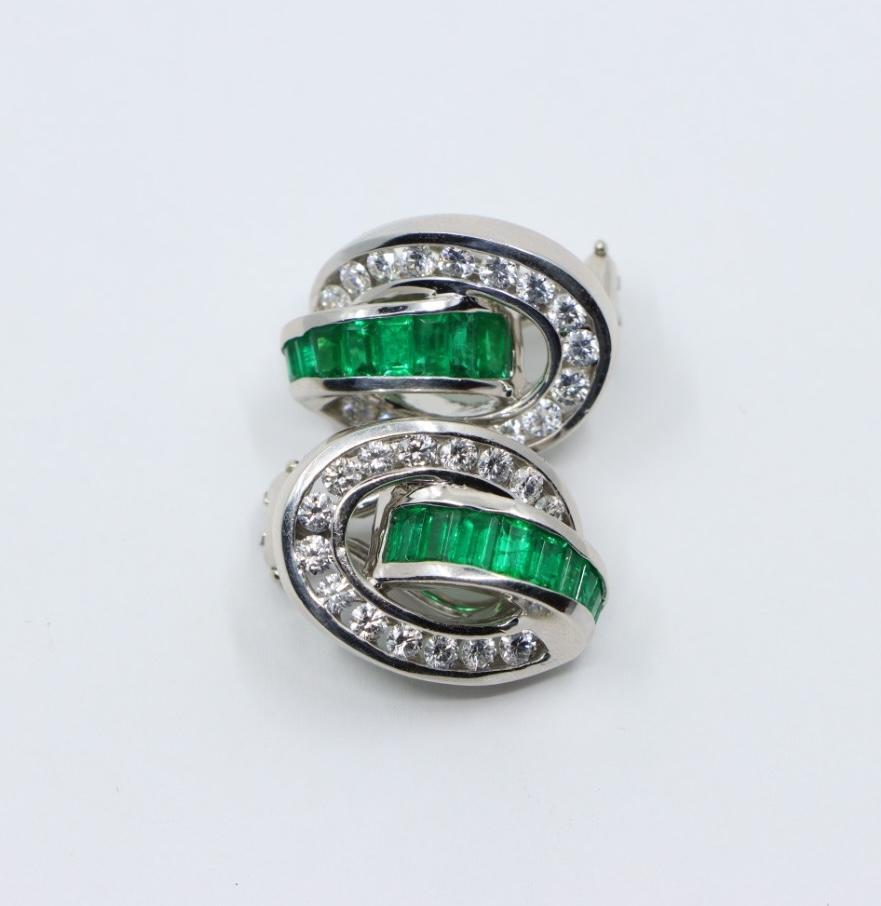 Charles Krypell Platinum Diamonds Emerald Earrings For Sale 1