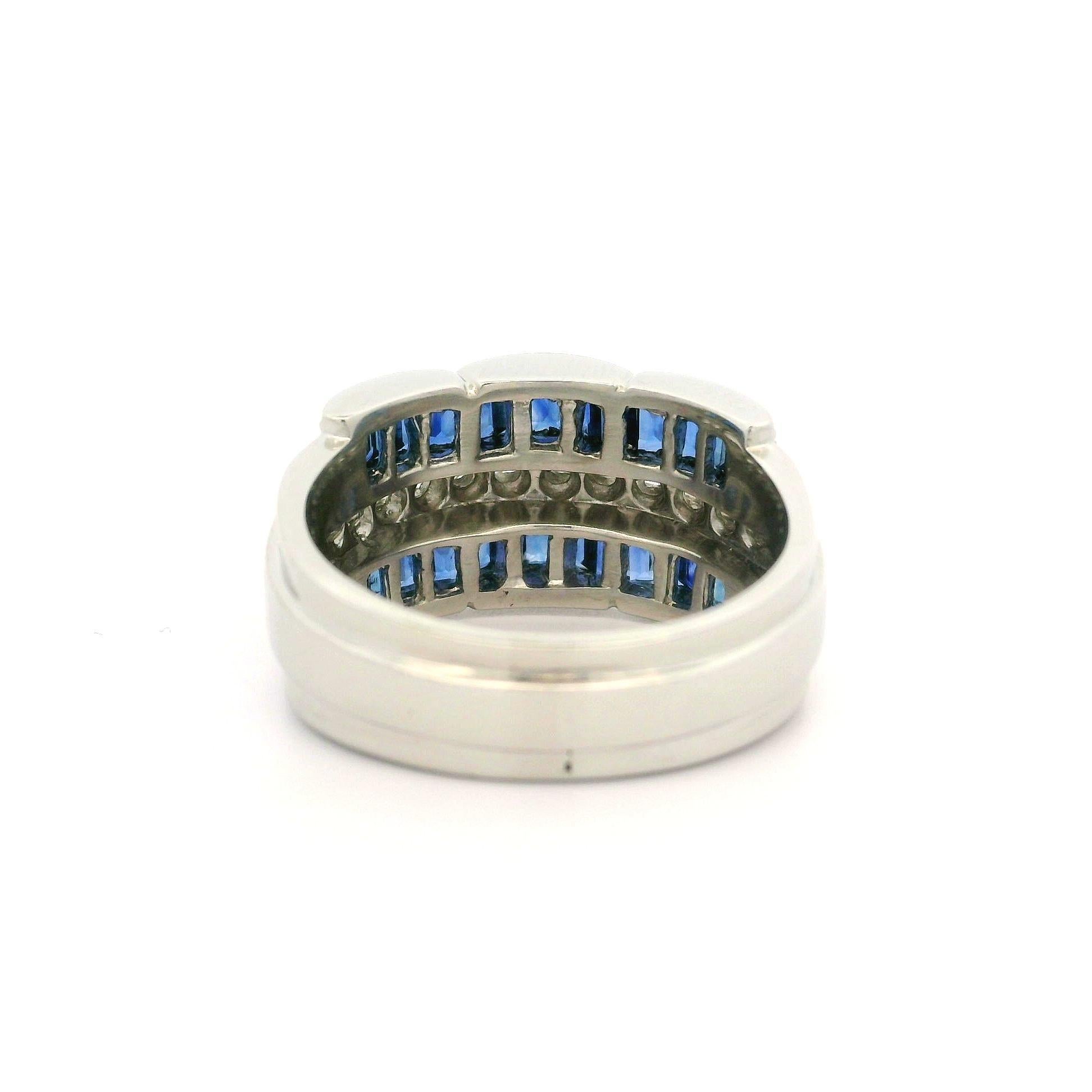 --Stone(s):--
(29) Natural Genuine Sapphires - Baguette Cut - Channel Set - Vivid Blue Color
(14) Natural Genuine Diamonds - Round Brilliant Cut - Channel Set - VS1/VS2 Clarity - F/G Color - 0.50ctw (approx.)

Material: Solid .900+ Platinum 
Weight: