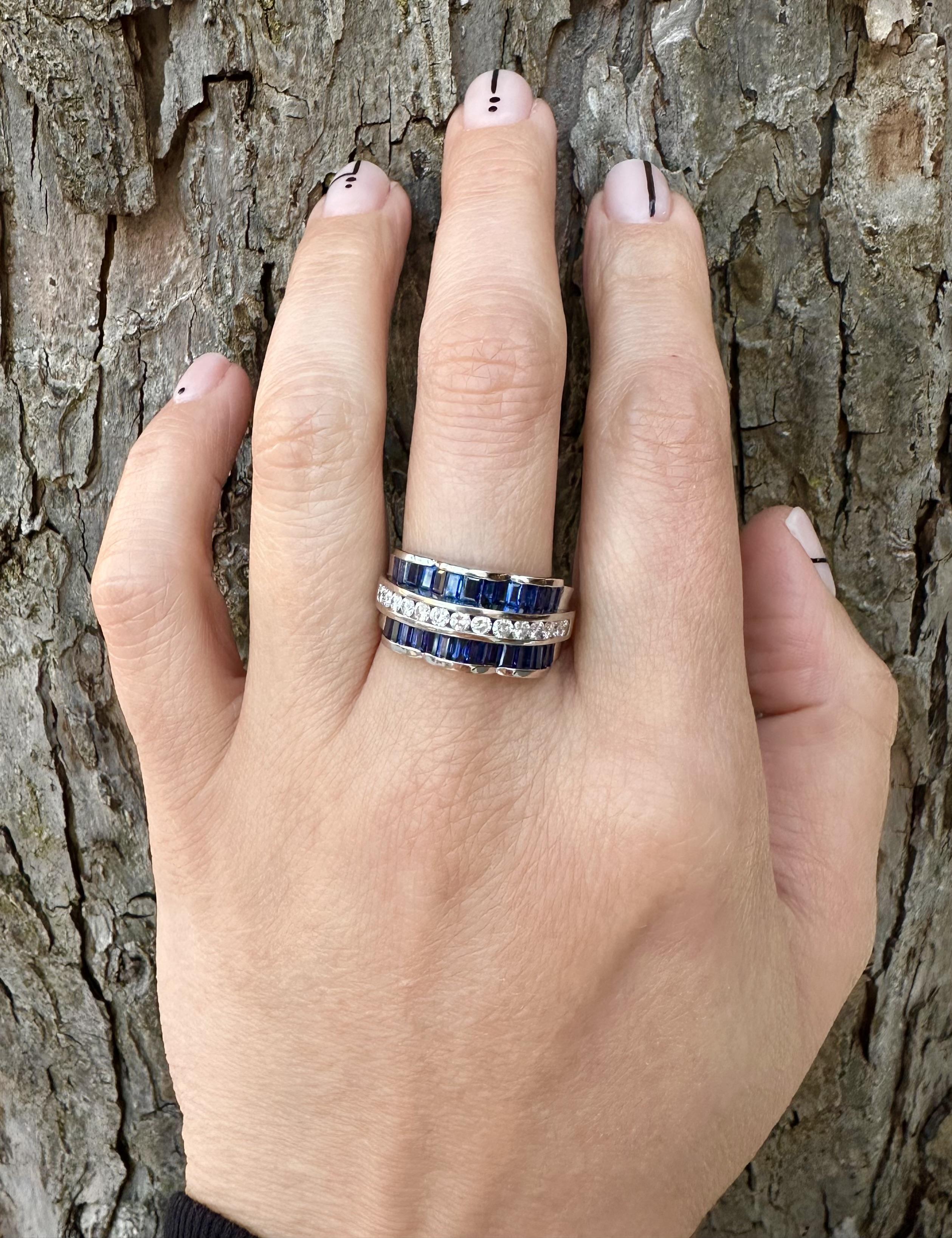 Charles Krypell Platinum Sapphire & Diamond Wide Wavy Cocktail Band Ring In Excellent Condition In Montclair, NJ