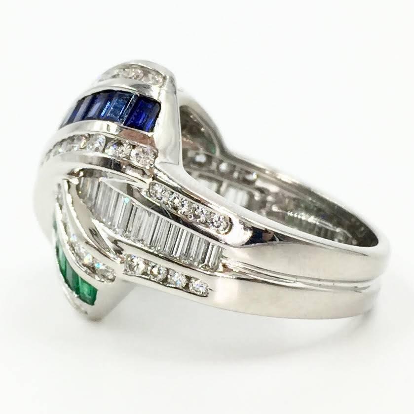 Modern Charles Krypell Platinum Sapphire, Emerald and Diamond X Ring For Sale