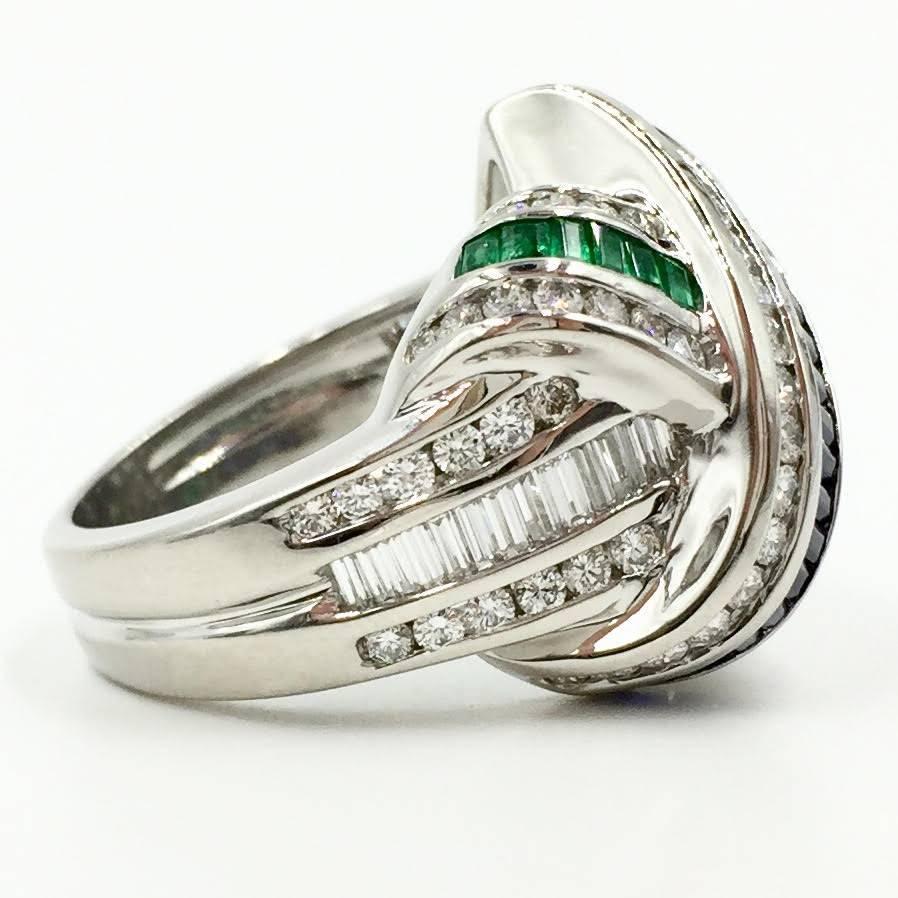 Baguette Cut Charles Krypell Platinum Sapphire, Emerald and Diamond X Ring For Sale