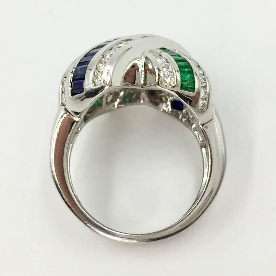 Charles Krypell Platinum Sapphire, Emerald and Diamond X Ring In Excellent Condition For Sale In Pikesville, MD