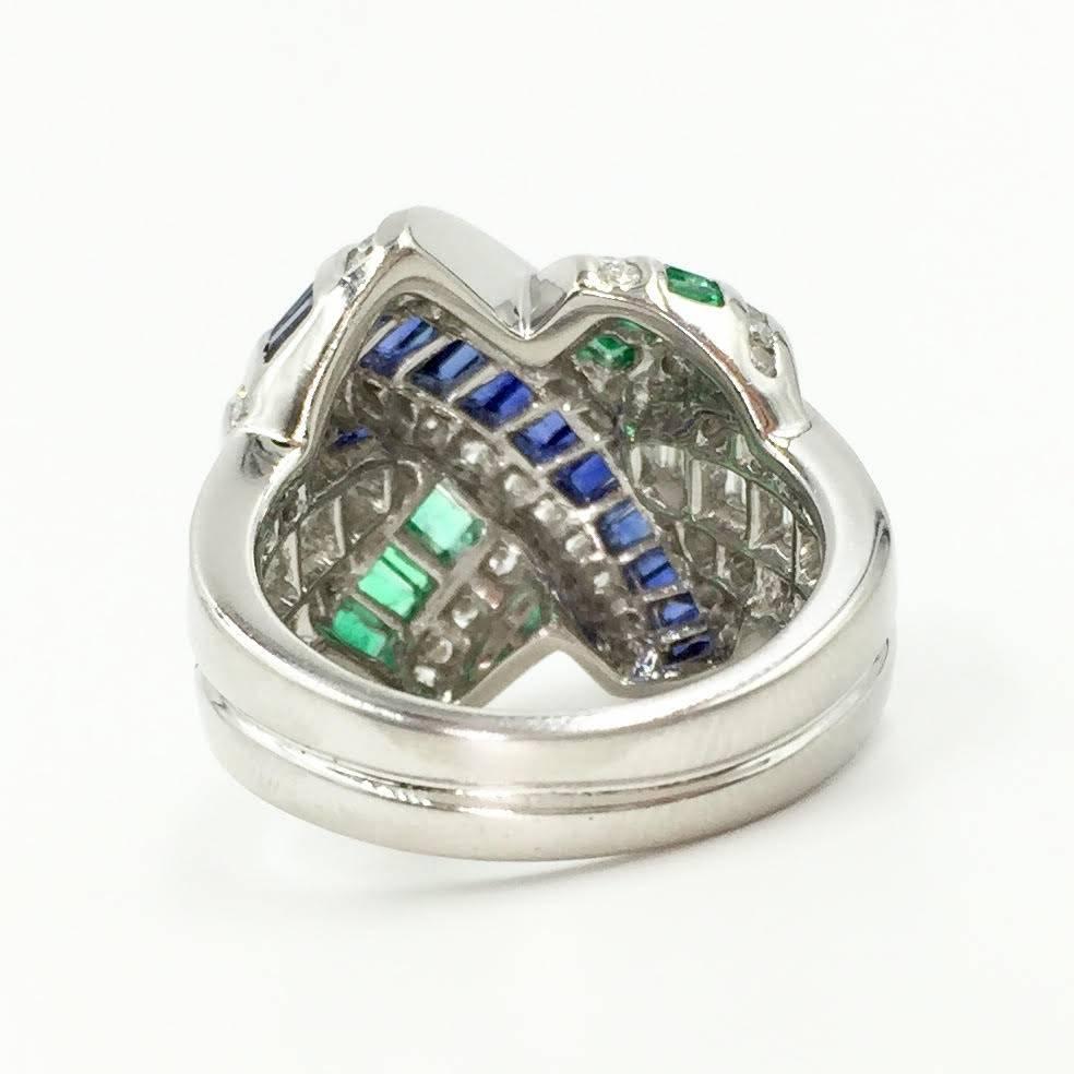 Women's Charles Krypell Platinum Sapphire, Emerald and Diamond X Ring For Sale
