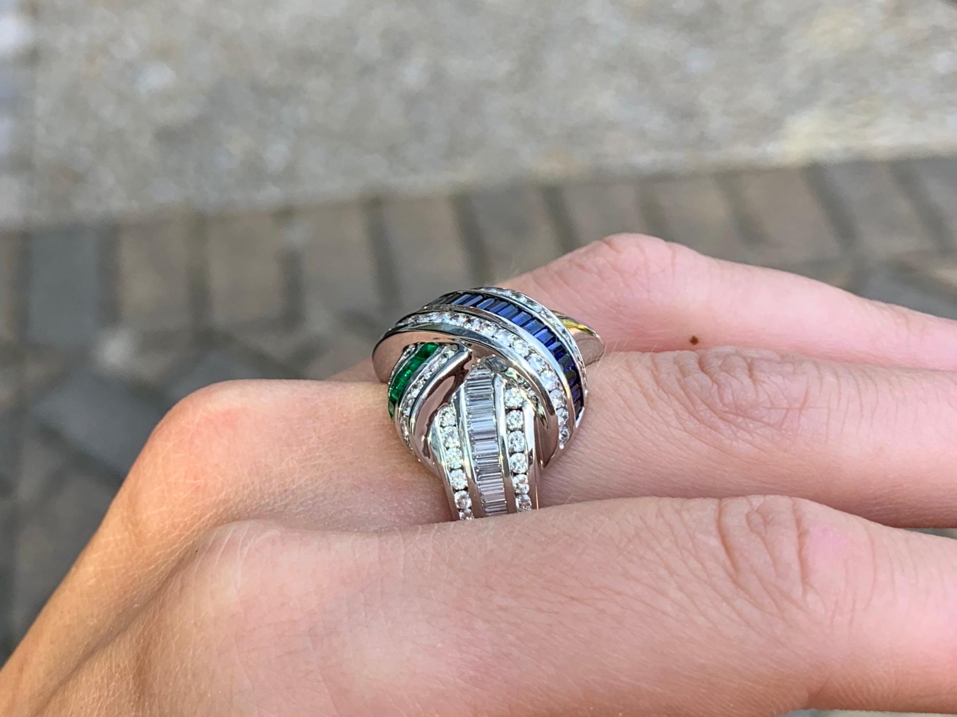 Charles Krypell Platinum Sapphire, Emerald and Diamond X Ring For Sale 2