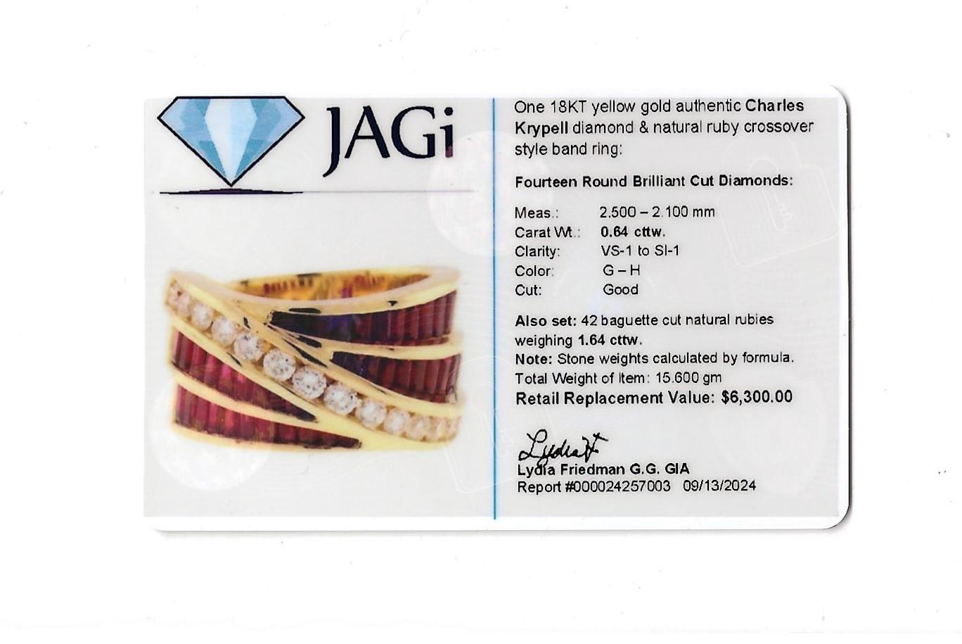 Charles Krypell Anillo Cruzado de Rubíes y Diamantes en Oro Amarillo de 18 Kilates en venta 7
