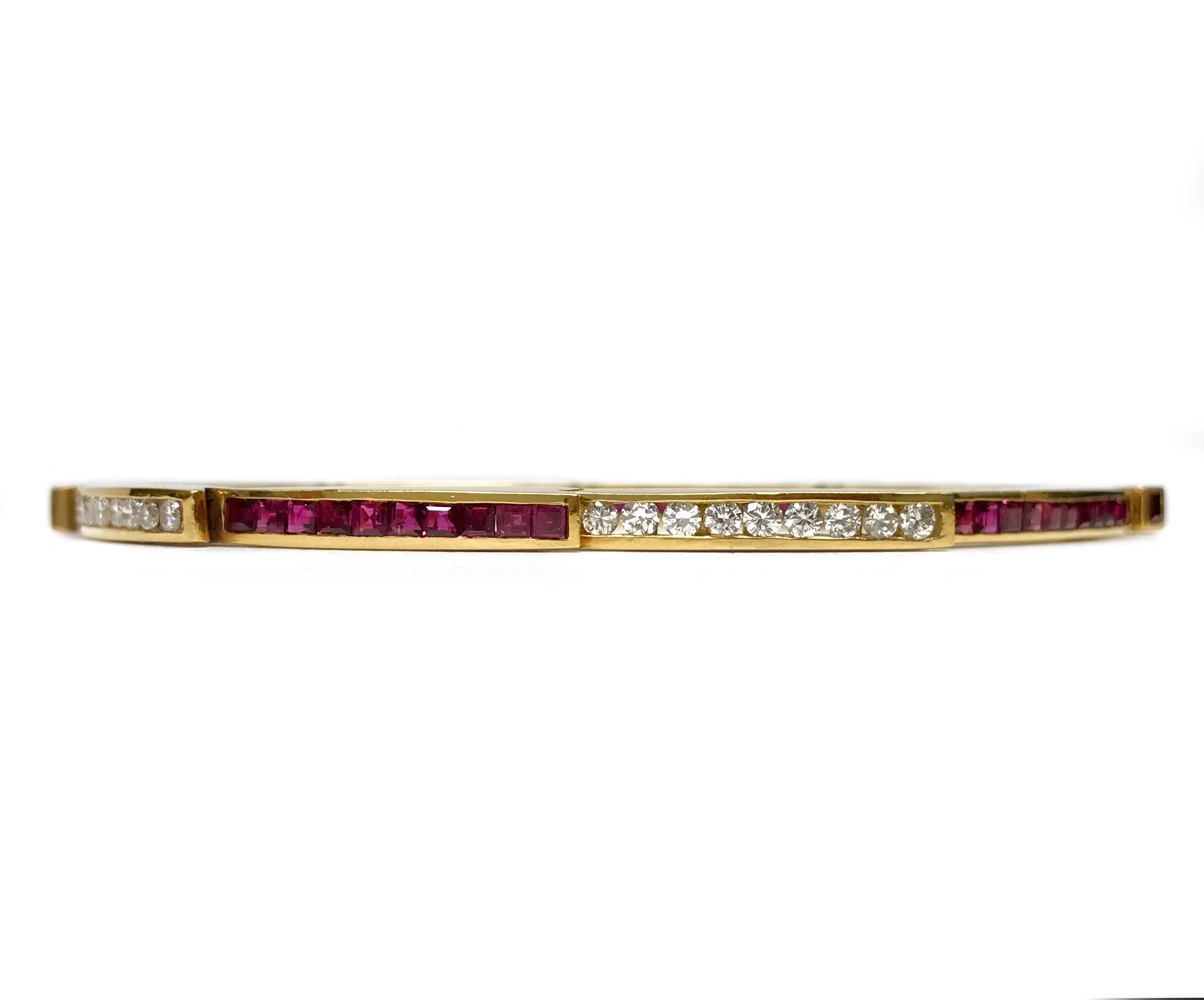 Charles Krypell Ruby Diamond 18 Karat Yellow Gold Bracelet. This lovely bracelet has four sections of rubies and four sections of diamonds, all channel-set. Forty-one AA grade princess-cut rubies with a total carat weight of 2.46tcw. Thirty-six