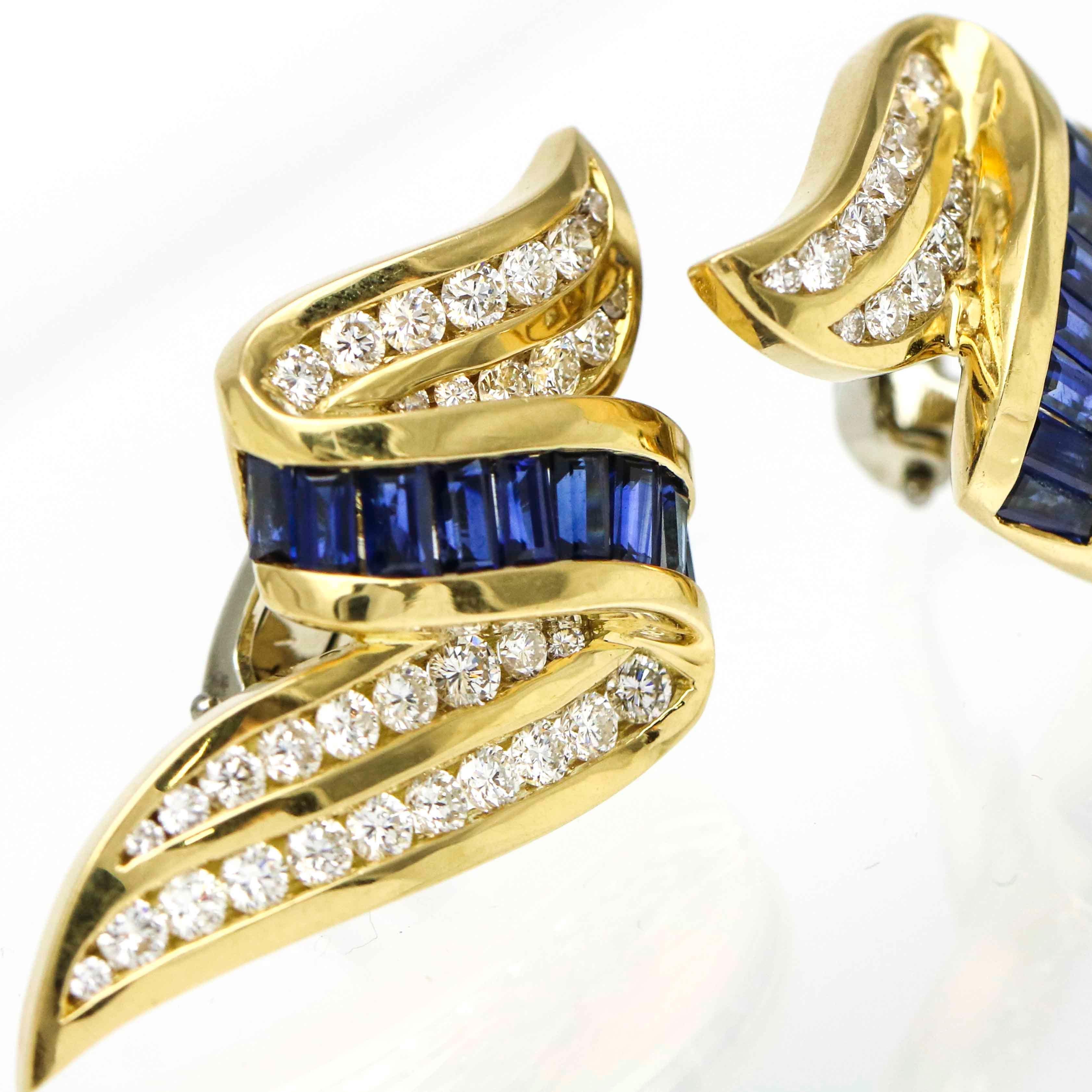 Baguette Cut Charles Krypell Sapphire and Diamond 18 Karat Yellow Gold Clip-On Earrings For Sale