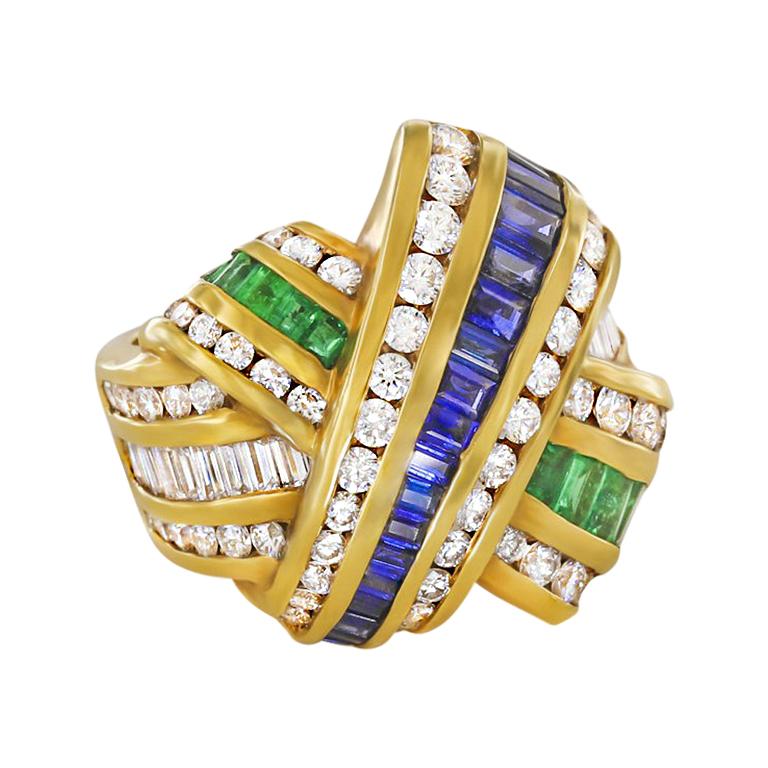 Charles Krypell Sapphire, Diamond, and Emerald Cross-Over Ring For Sale