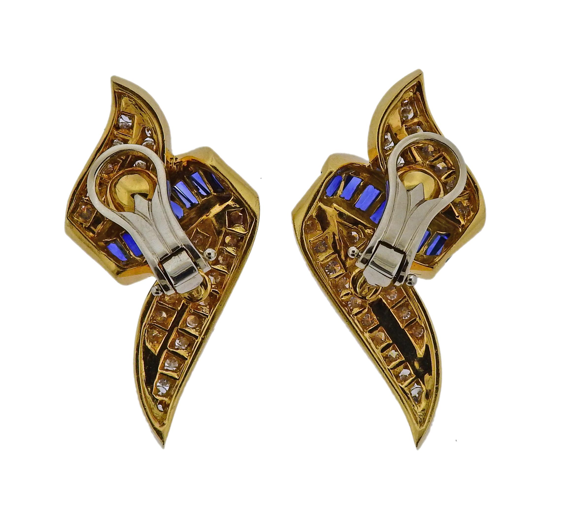 Pair of 18k gold earrings by Charles Krypell, set with blue sapphires and approx. 1.80ctw in G/VS diamonds.  Earrings are measured 36mm x 19mm. 
Weight is 20.3 grams. Marked:  Krypell, 750. 
