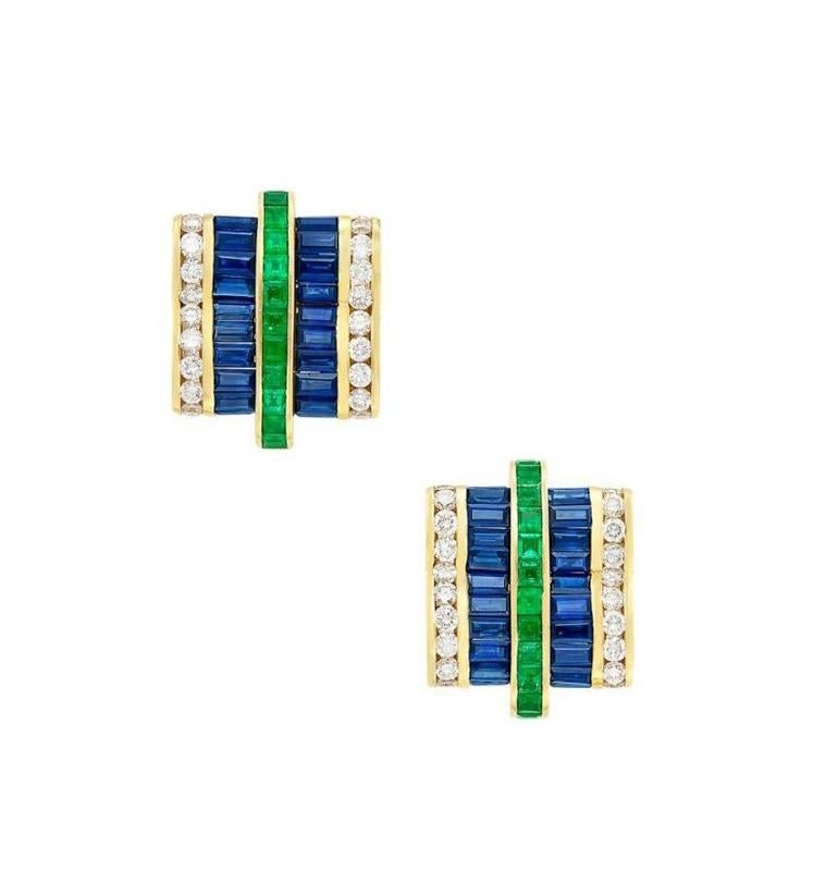 Emerald Cut Charles Krypell Sapphire, Emerald, and Diamond Earrings For Sale