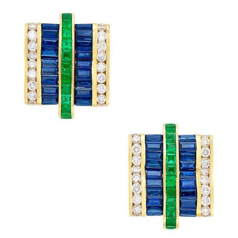Charles Krypell Sapphire, Emerald, and Diamond Earrings For Sale