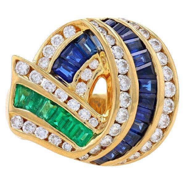 Charles Krypell Sapphire Emerald Diamond Cocktail Ring Yellow Gold 18k For Sale