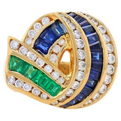 Charles Krypell Sapphire Emerald Diamond Cocktail Ring Yellow Gold 18k