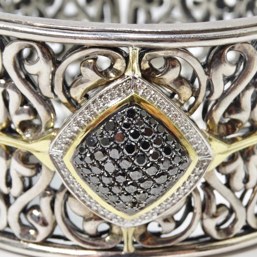 Taille ronde Charles Krypell Bracelet manchette en argent sterling, or et diamants noirs et blancs en vente