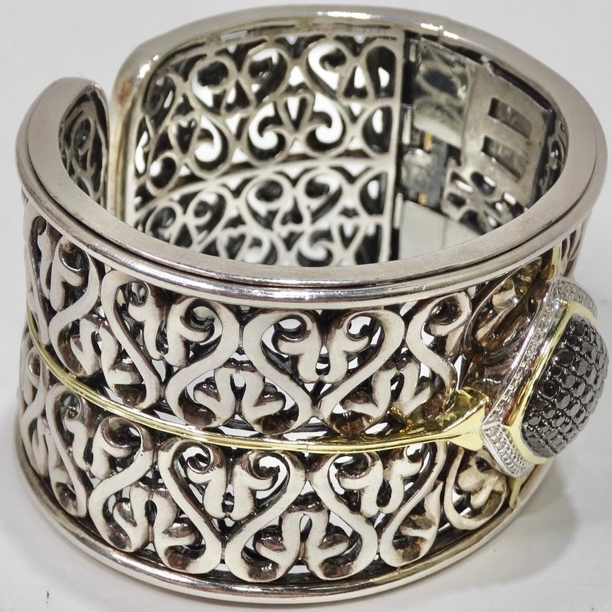 Charles Krypell Sterling Silver, Gold and Black and White Diamond Cuff Bracelet In Good Condition For Sale In Scottsdale, AZ