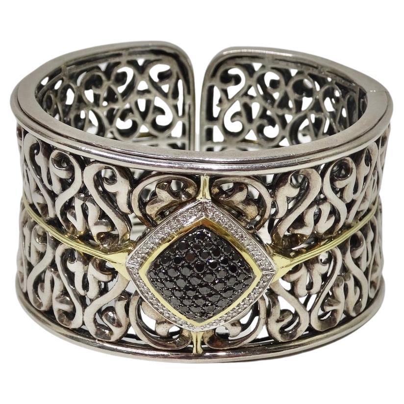 Charles Krypell Sterling Silver, Gold and Black and White Diamond Cuff Bracelet For Sale