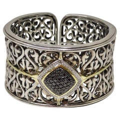 Charles Krypell Bracelet manchette en argent sterling, or et diamants noirs et blancs