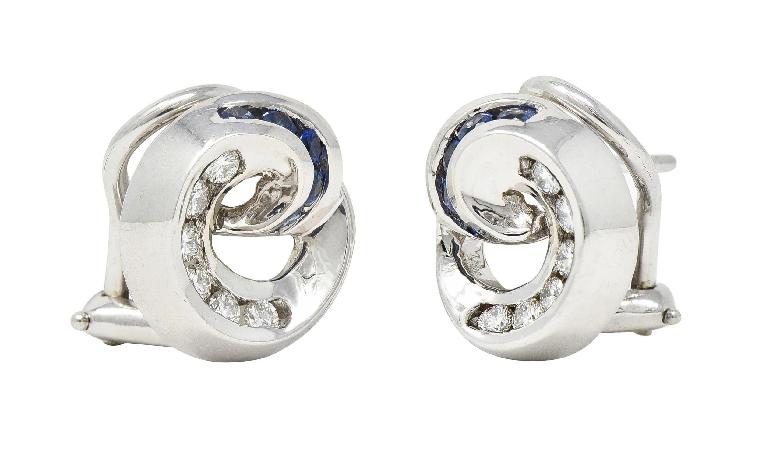 Charles Krypell Vintage Sapphire Diamond 18 Karat White Gold Swirl Earrings For Sale 3