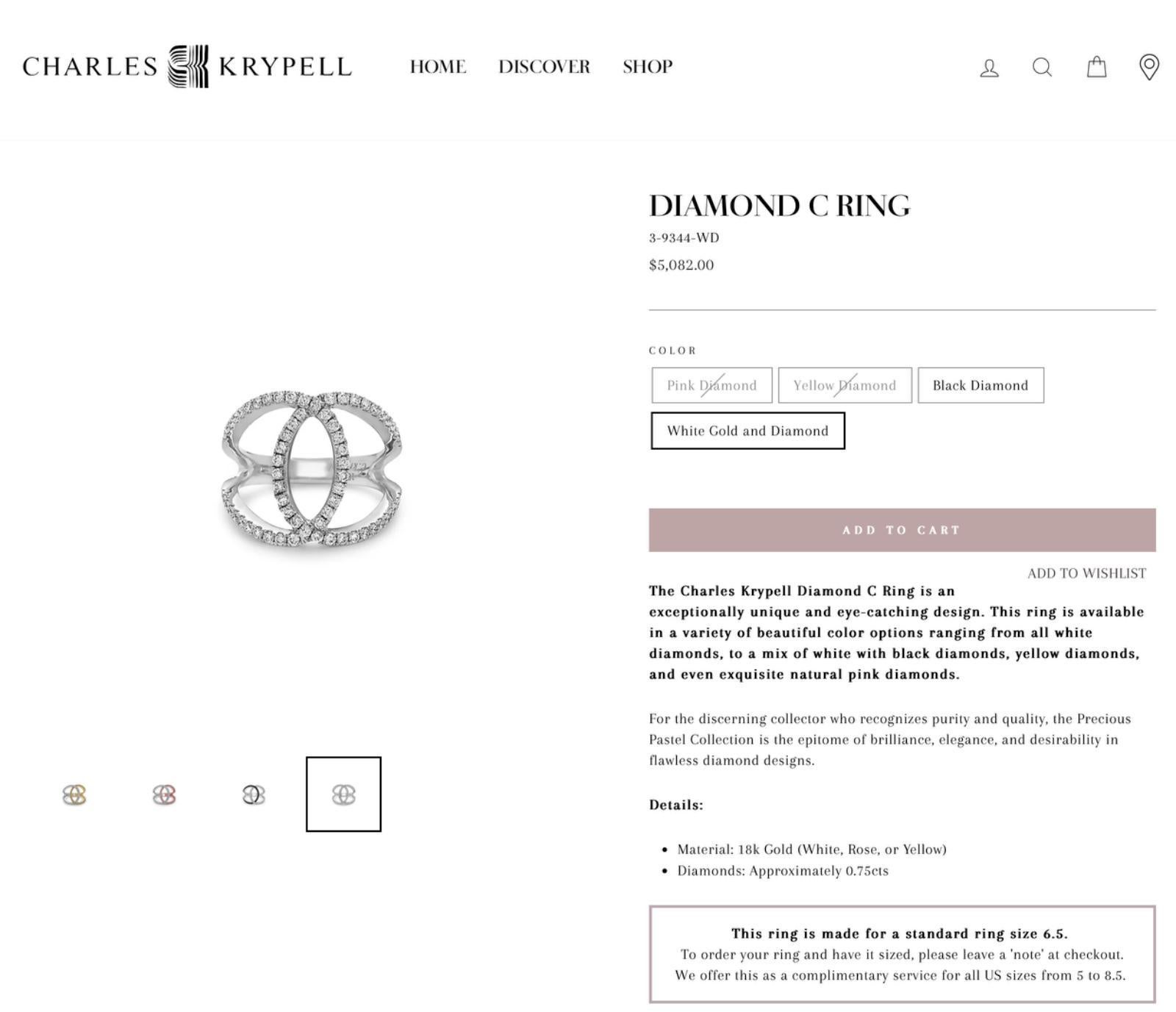 Charles Krypell White Diamond C Ring A.I.C. 18k White Gold 3-9344-WD - $5082 en vente 1