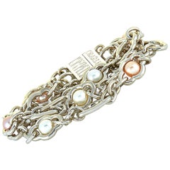 Charles Krypell White Gold and Silver Pearl Multi-Row Chain Bracelet