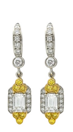 Charles Krypell Yellow & White Diamond Dangle Earrings Platinum and 18K Gold