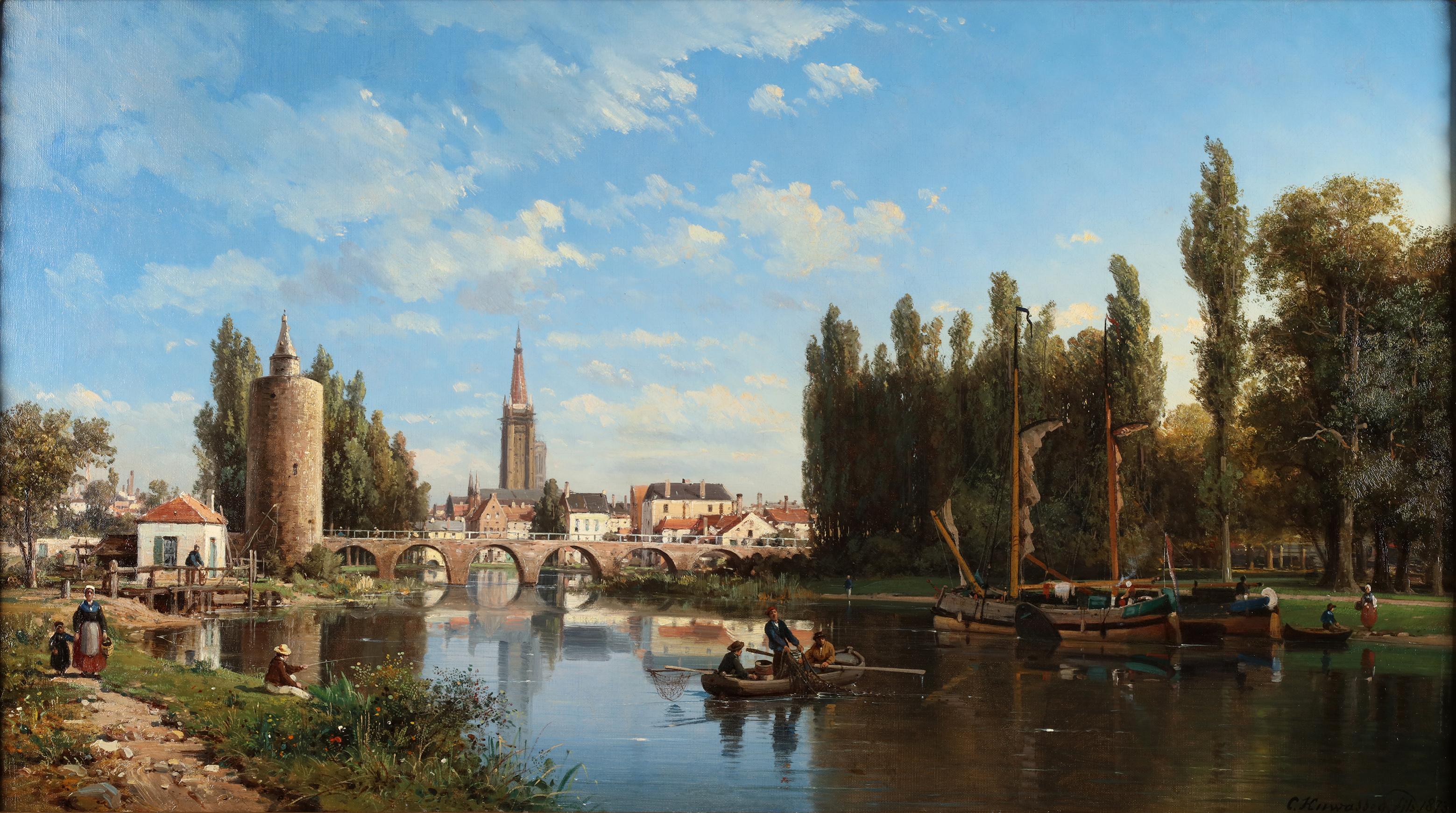 Oil on canvas
Signed and dated lower right: "Charles Kuwasseg, 1873"

Provenance: Macconnal-Mason

Dimensions: 56 x 100 cm, 73 x 117 cm (framed)

The artwork “View of Bruges,” by Charles Kuwasseg transports the viewer to an idyllic corner of the 