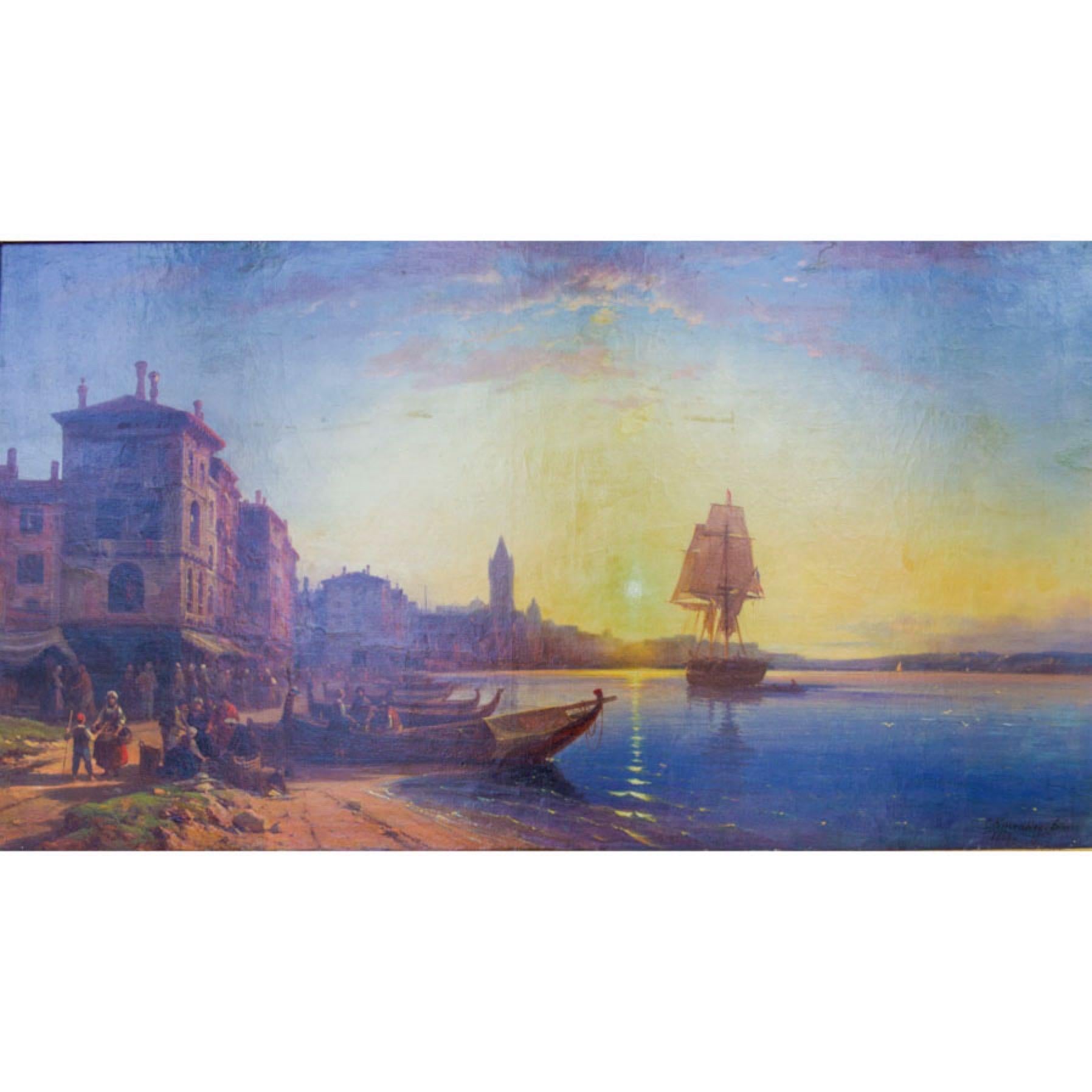 Porto europeo all'alba - Landscape Painting Marrone di Charles Kuwasseg