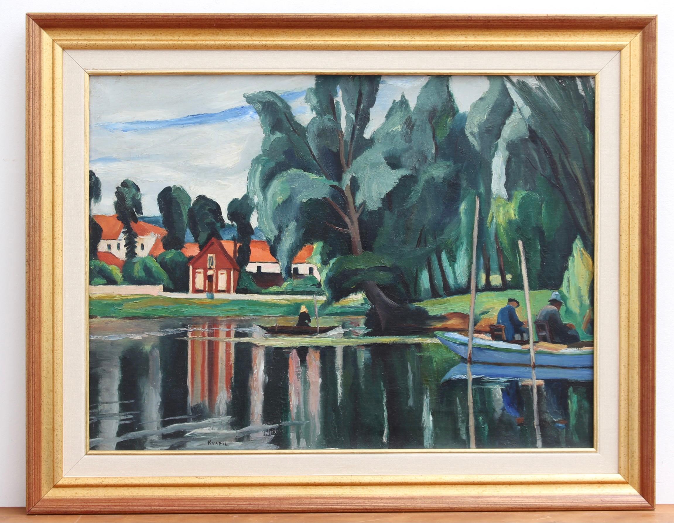 Boats on a Pond - Painting by Charles Kvapil