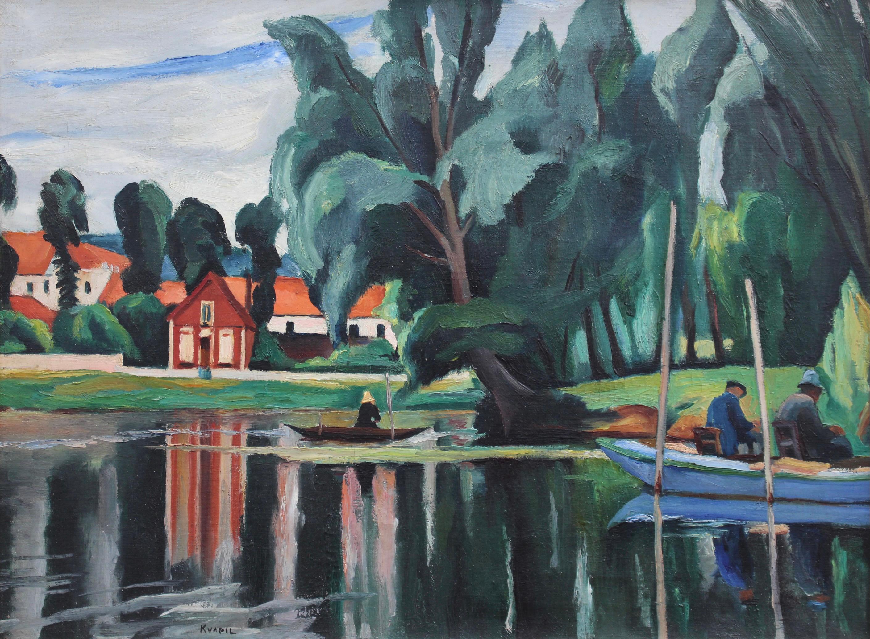 Charles Kvapil Figurative Painting – Boote auf einem Teich