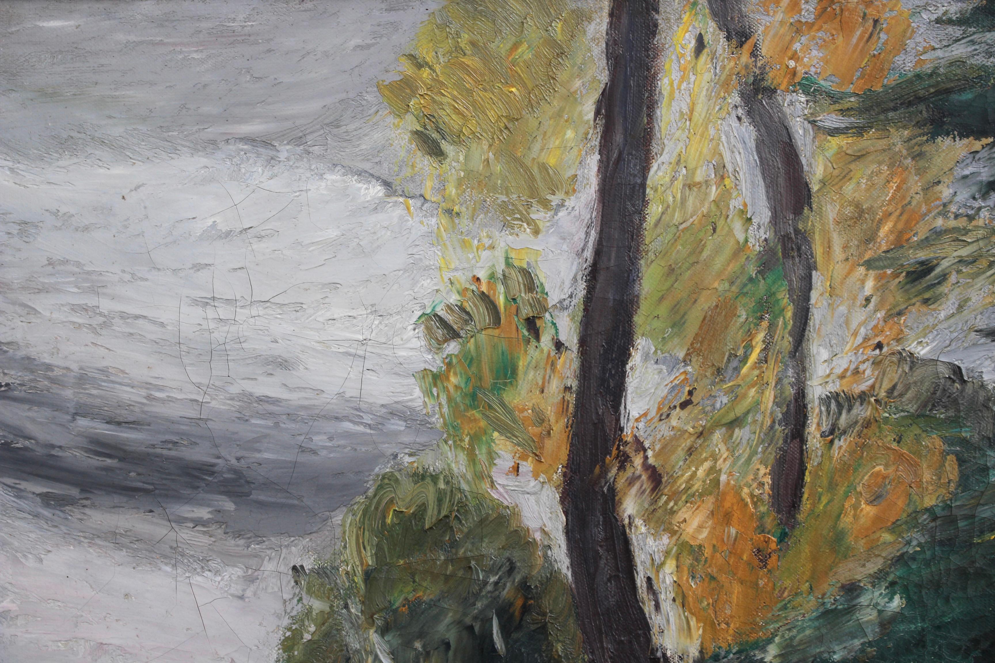 „Landscape“, Öl auf Leinwand, von Charles Kvapil (1928). Der Künstler Kvapil hat zahlreiche großartige Kunstwerke geschaffen, die Szenen aus der Natur wie diese hier darstellen. Eine kleine mediterrane Sonne blickt sanft durch das Blattwerk und