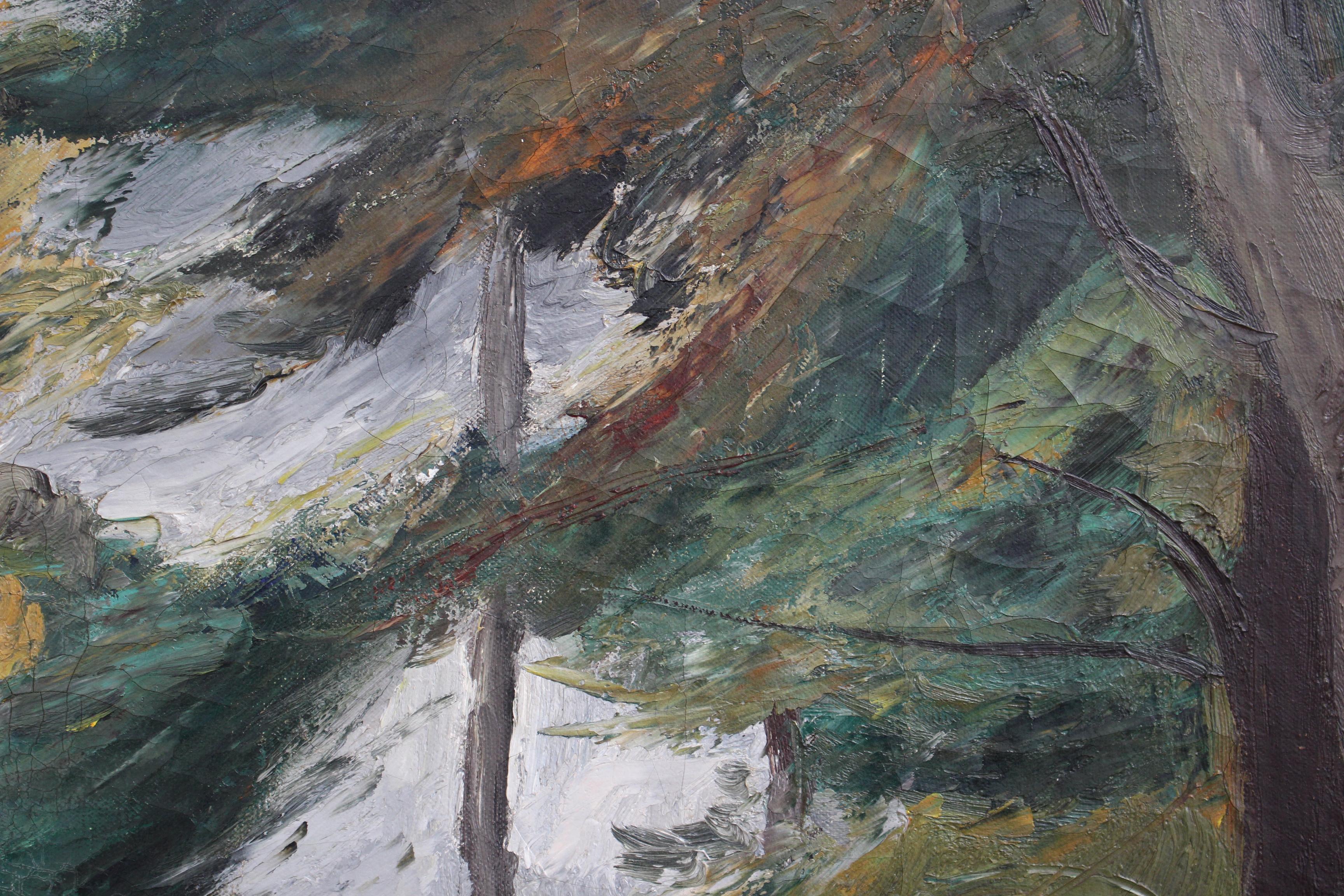 Paysage, huile sur toile, de Charles Kvapil (1928). L'artiste, Kvapil, a réalisé des dizaines d'œuvres d'art considérables qui représentent des scènes de la nature comme celle-ci. Ici, un peu de soleil méditerranéen pénètre furtivement à travers le