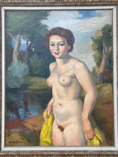 "Mujer desnuda sujetando un paño amarillo en un paisaje", Charles Kvapil (1884-1957)