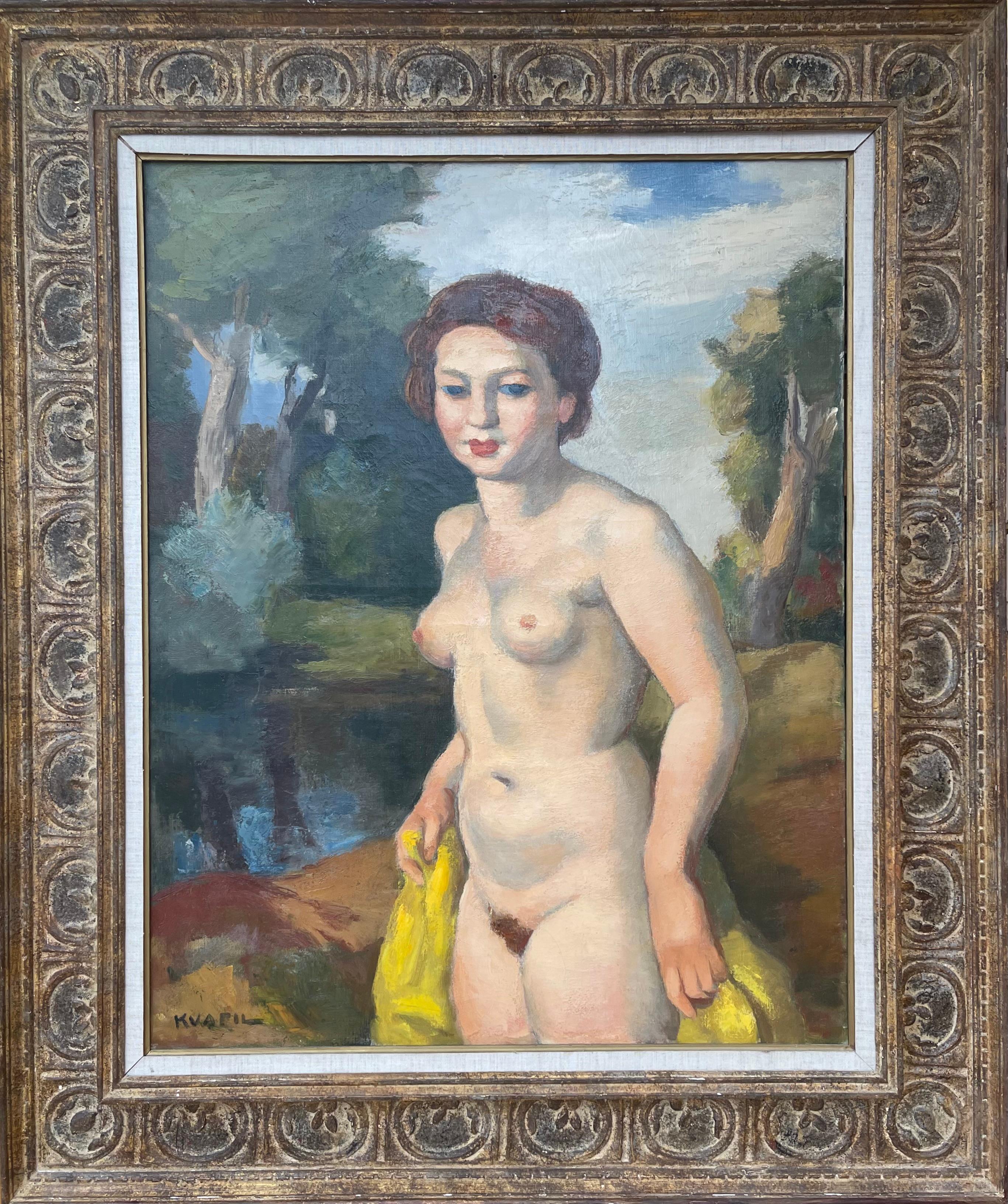 "Donna nuda che tiene un drappo giallo in un paesaggio", Charles Kvapil (1884-1957)