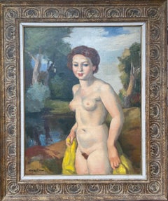 "Donna nuda che tiene un drappo giallo in un paesaggio", Charles Kvapil (1884-1957)