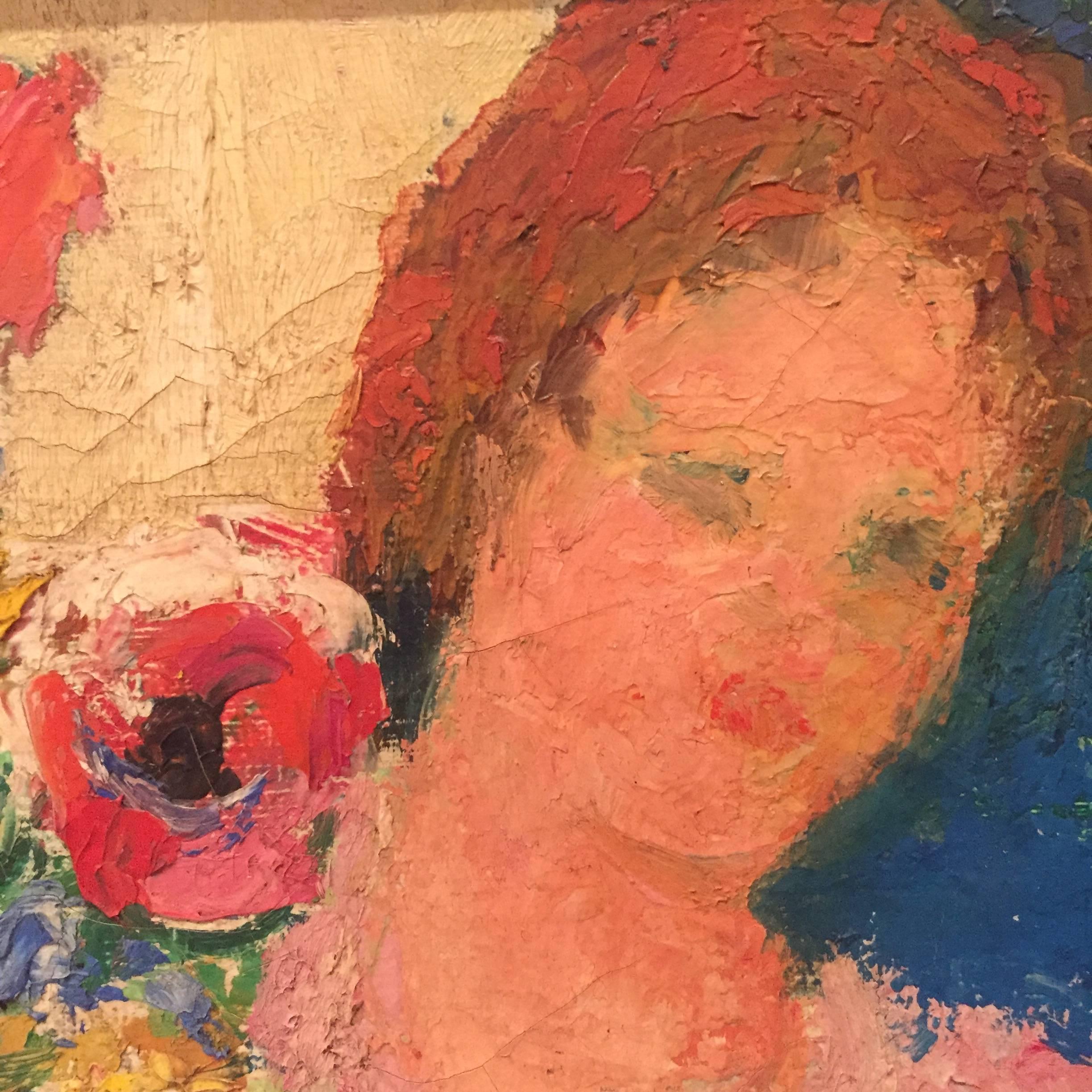 Portrait by Charles Kvapil 'Girl with Flowers' Oil Canvas Fauvism French For Sale 2