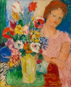 Portrait by Charles Kvapil 'Girl with Flowers' Oil Canvas Fauvism French