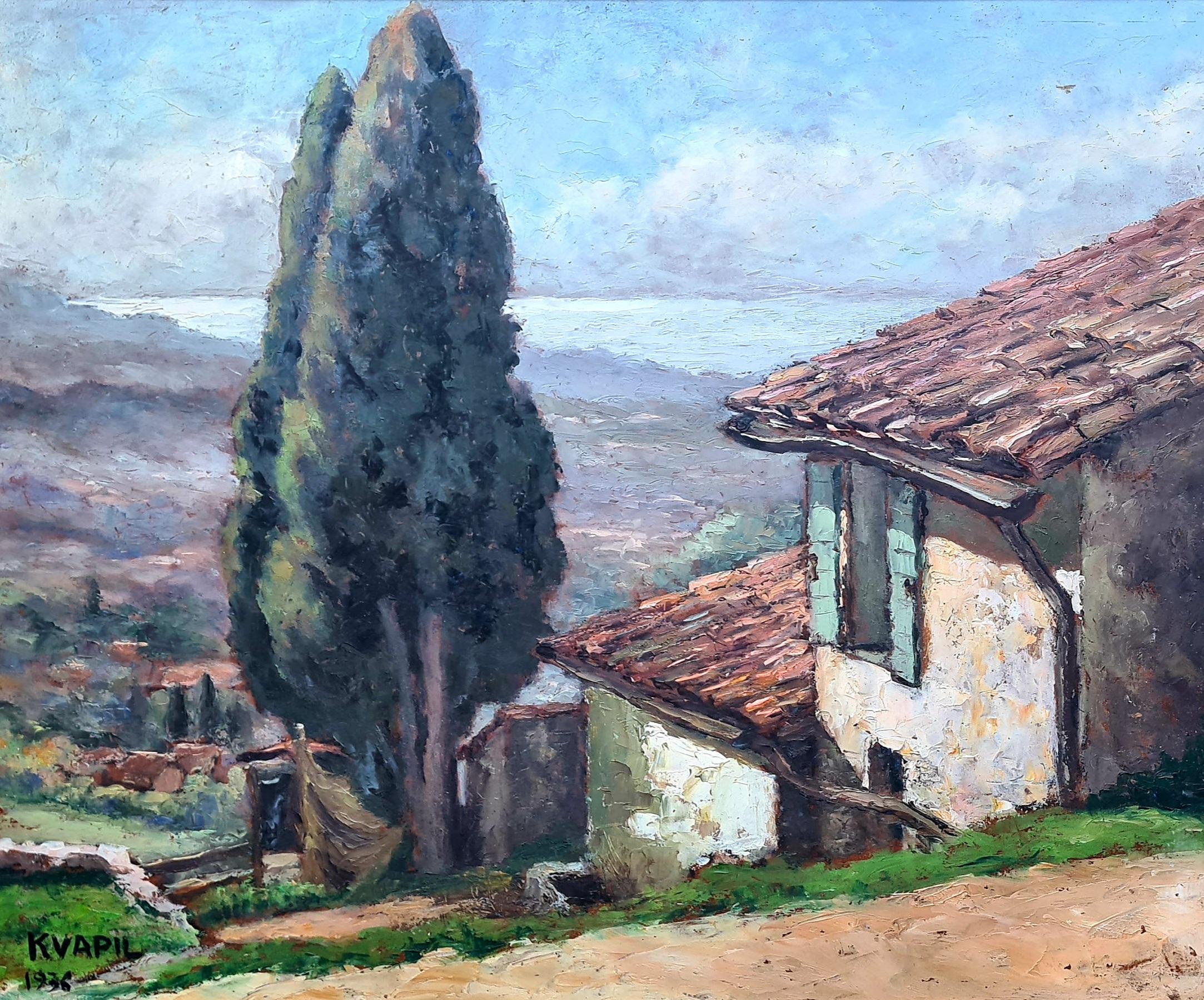 Post Impressionist View to the Sea, Corsica in a 'Cezanne' Landscape. - Painting by Charles Kvapil