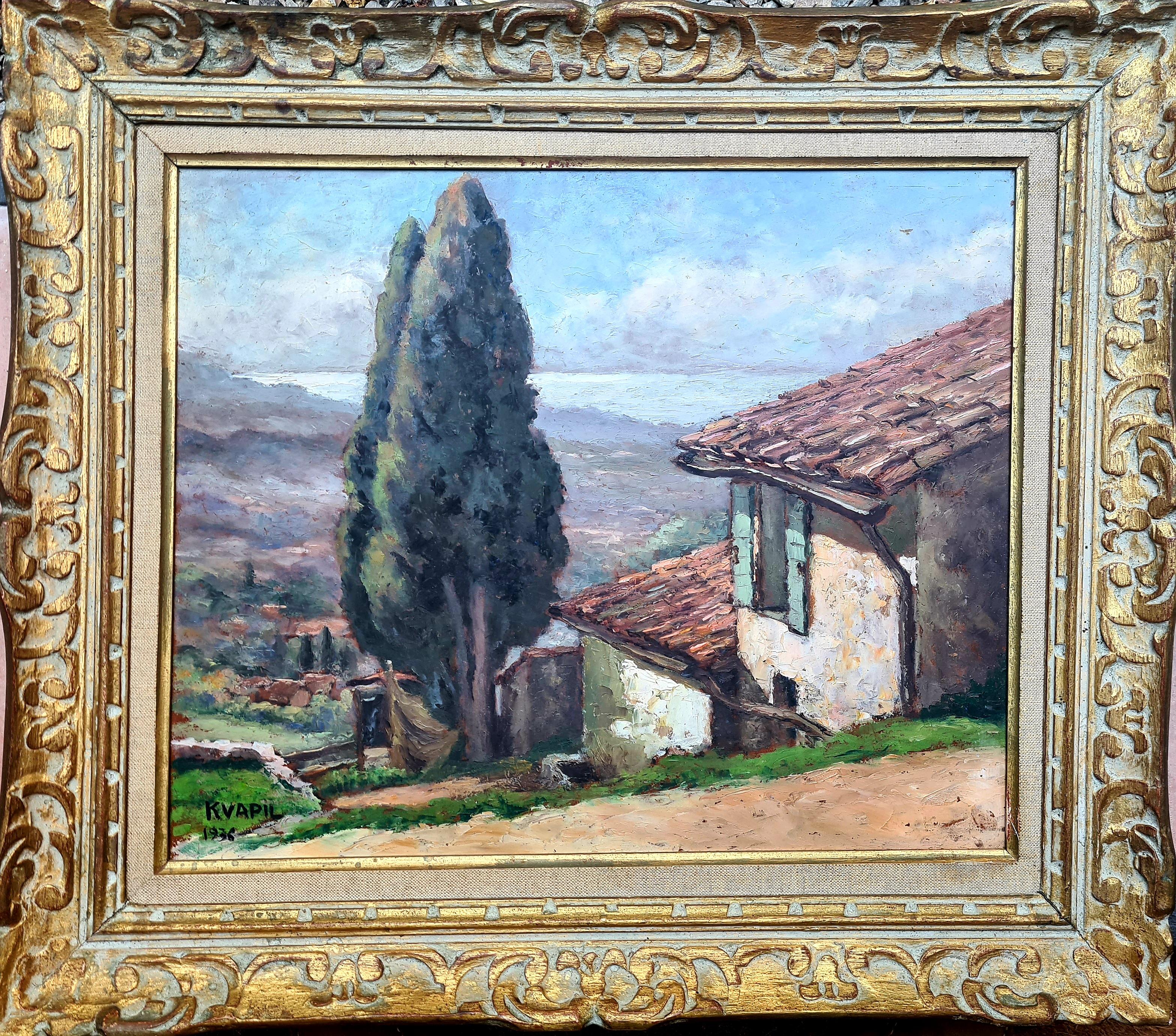 Charles Kvapil Landscape Painting - Post Impressionist View to the Sea, Corsica in a 'Cezanne' Landscape.