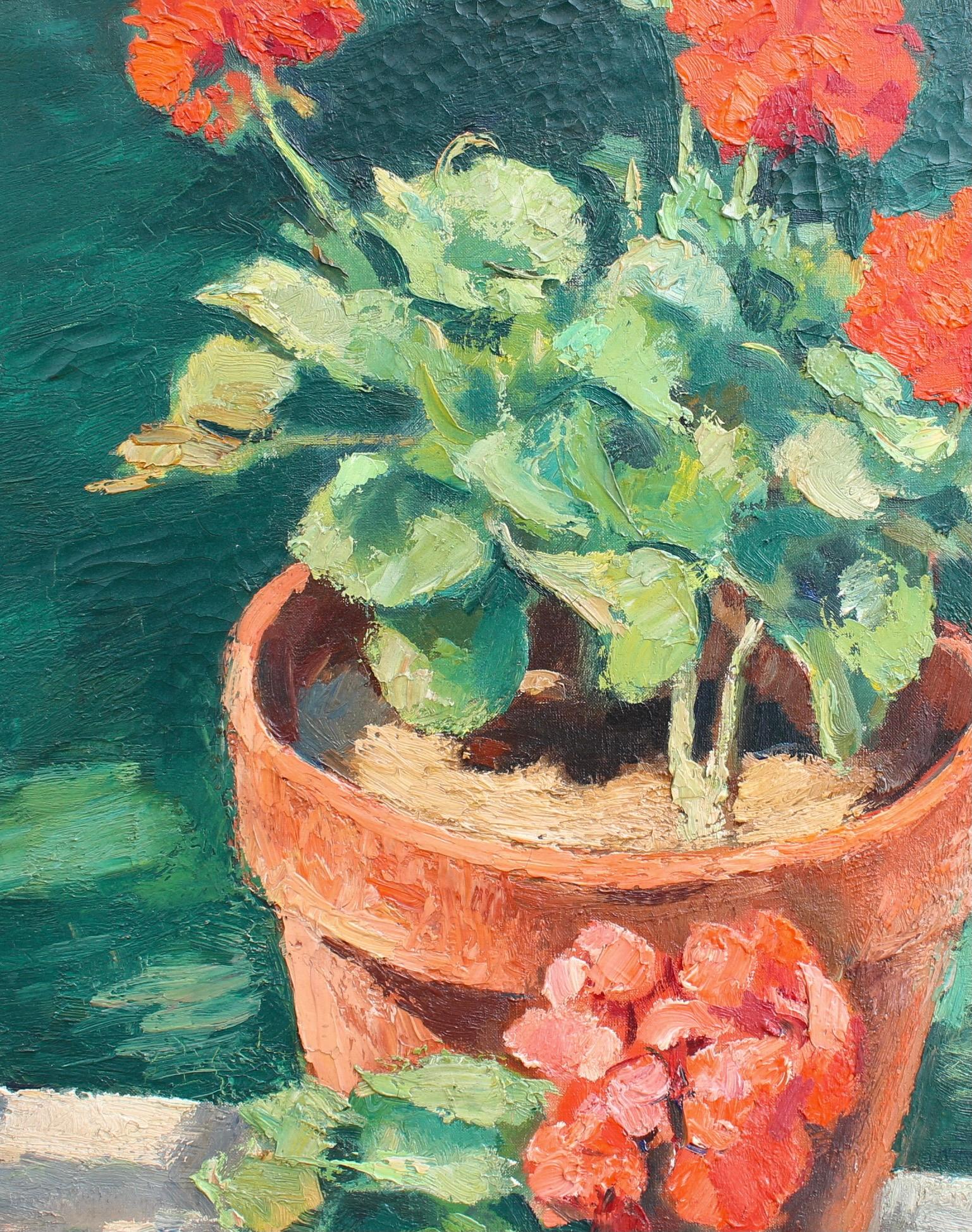 'Potted Flowers', oil on canvas, by Charles Kvapil (1933). Potted red geraniums symbolise happiness, good health, good wishes, and friendship. They are associated with positive emotions. The artist paints the flowers bathed in radiant light sitting